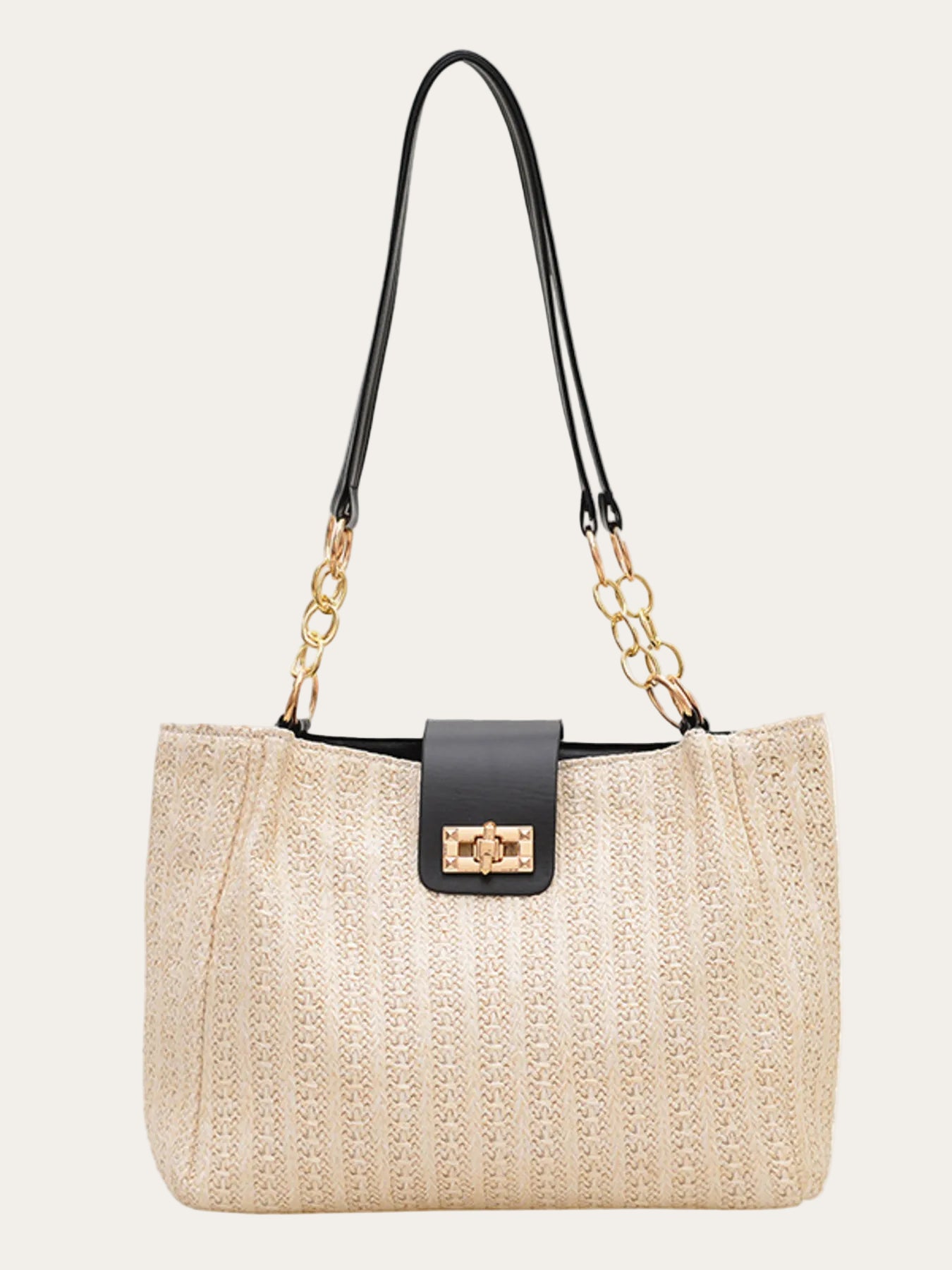 Medium woven straw tote bag with PU leather strap