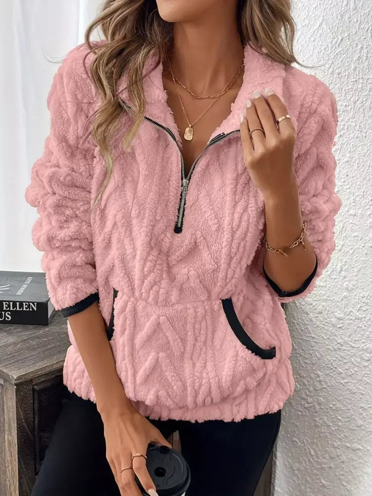 Pink Winter Half Zip Fleece Sweater Women