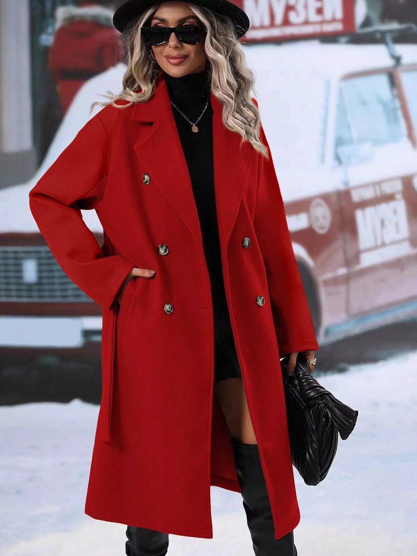Red Double-Breasted Lapel Collar Trench Coat Women