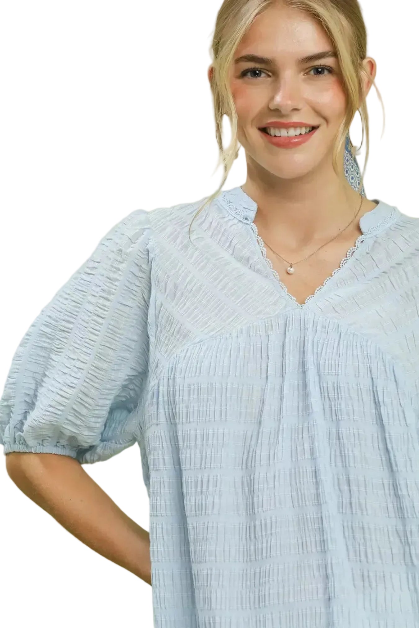 Textured Puff Sleeve Blouse for Women – Light Blue Relaxed Fit Summer Top