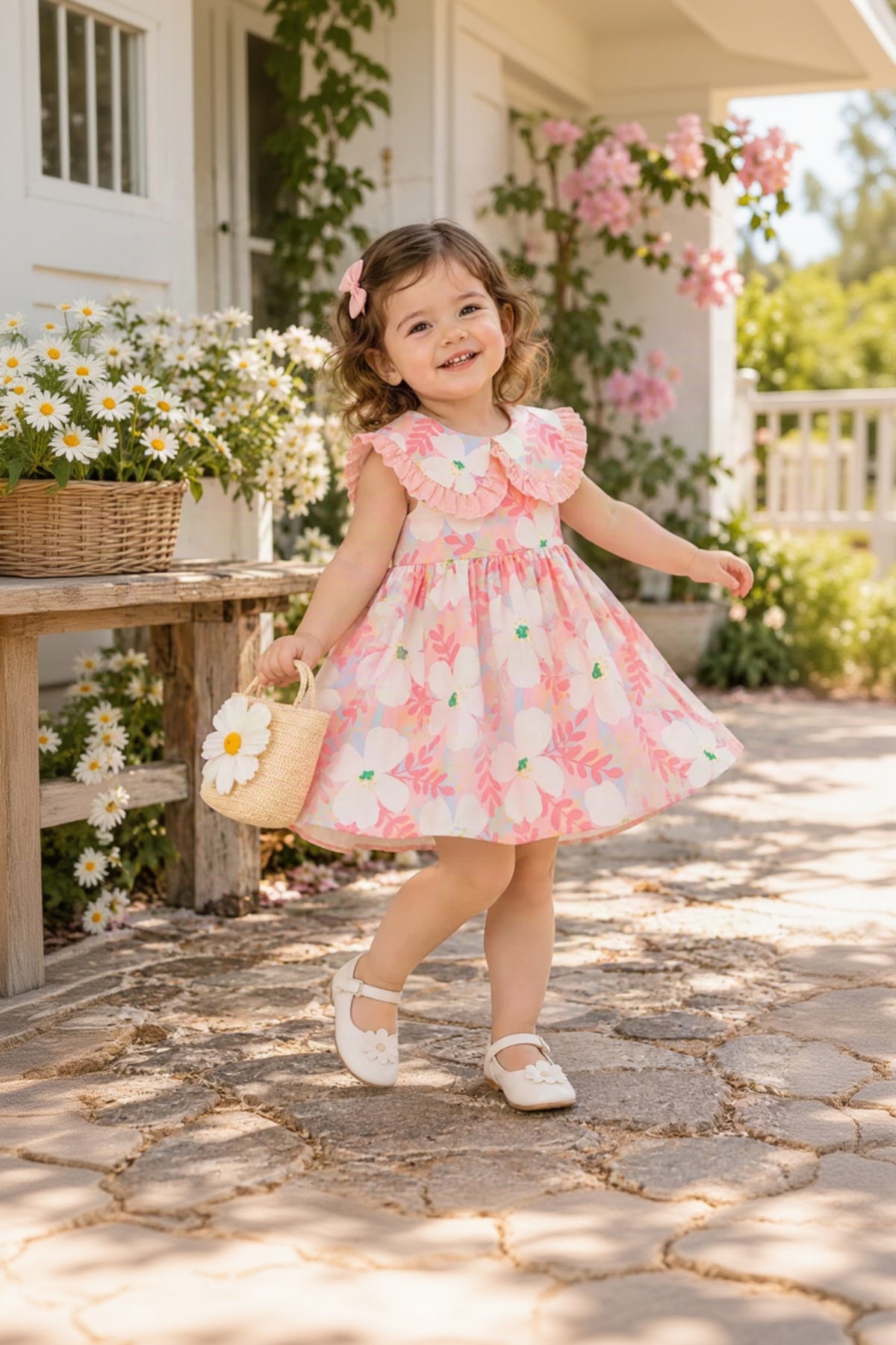 Toddler Girls Pink Floral Dress – Ruffle Collar Cotton Summer Dress with Princess Skirt