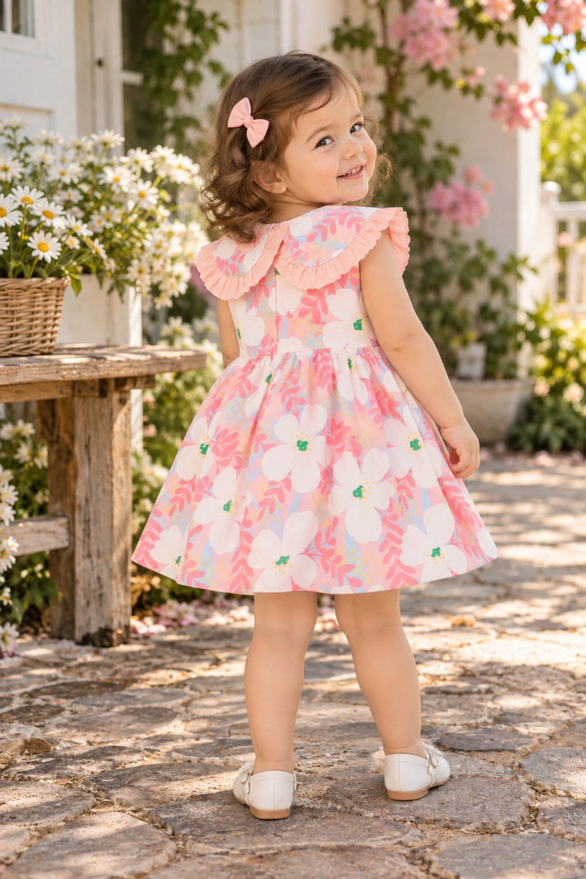 Toddler Girls Pink Floral Dress – Ruffle Collar Cotton Summer Dress with Princess Skirt