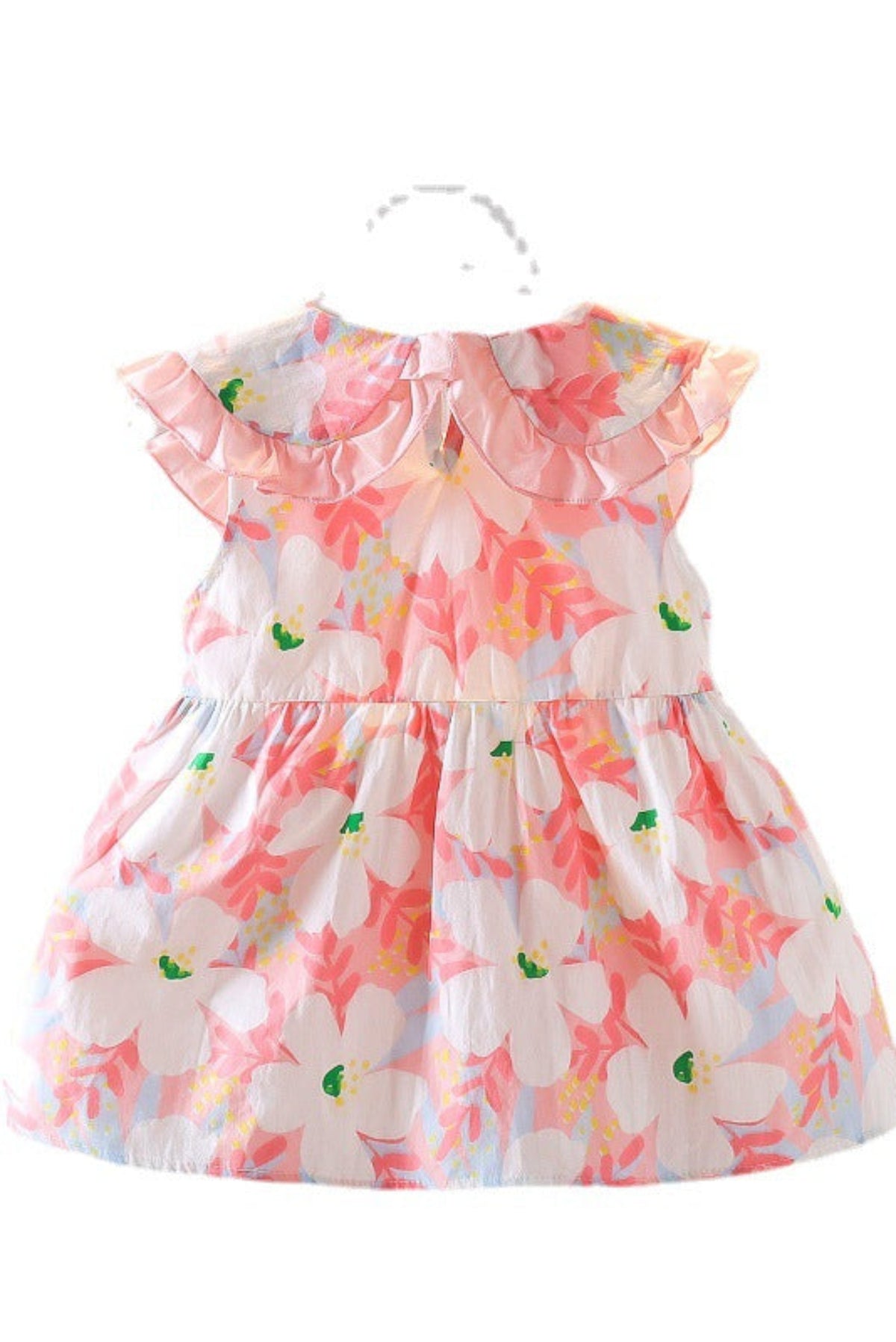 A sleeveless baby girl's dress with a ruffled Peter Pan collar, featuring a white base with a pink floral print and small green leaf accents, shown on a plain white background.