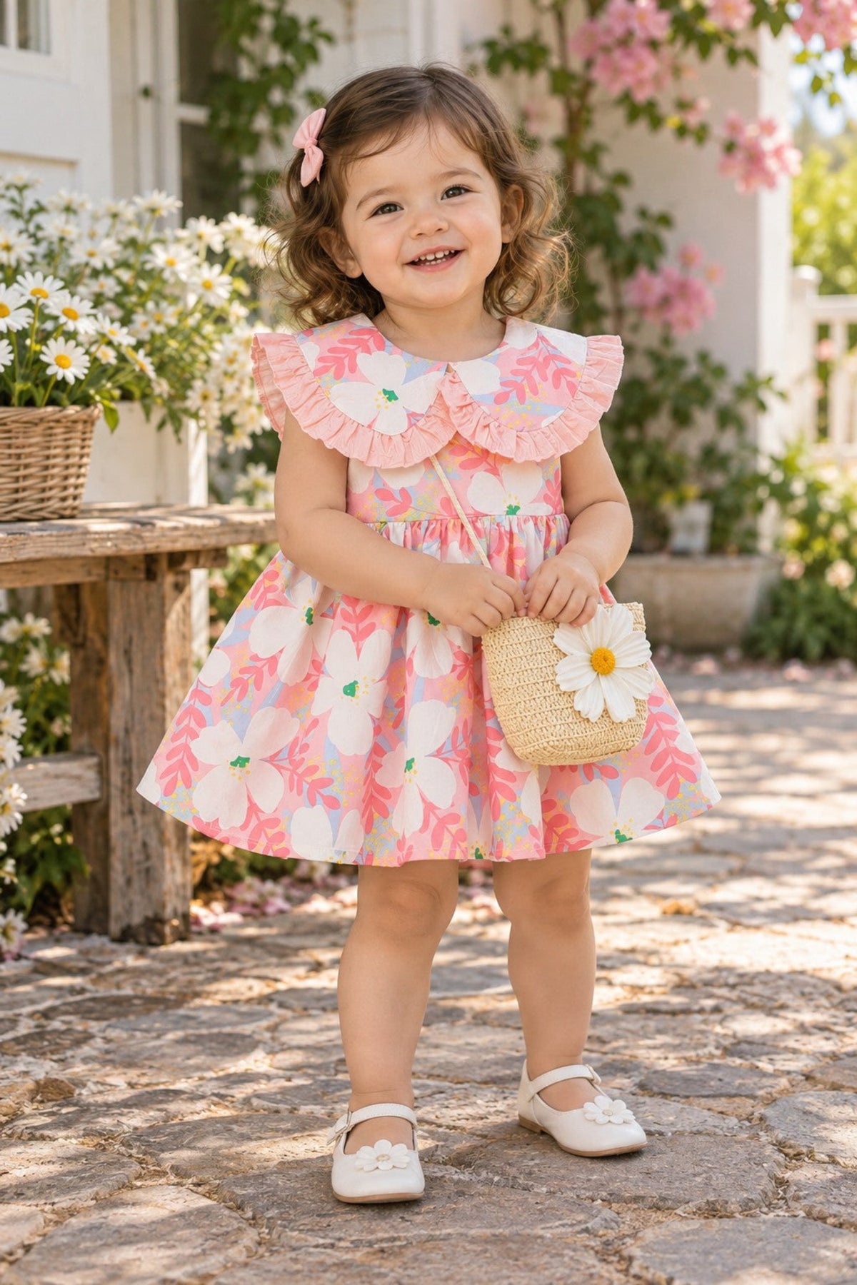 Toddler Girls Pink Floral Dress – Ruffle Collar Cotton Summer Dress with Princess Skirt
