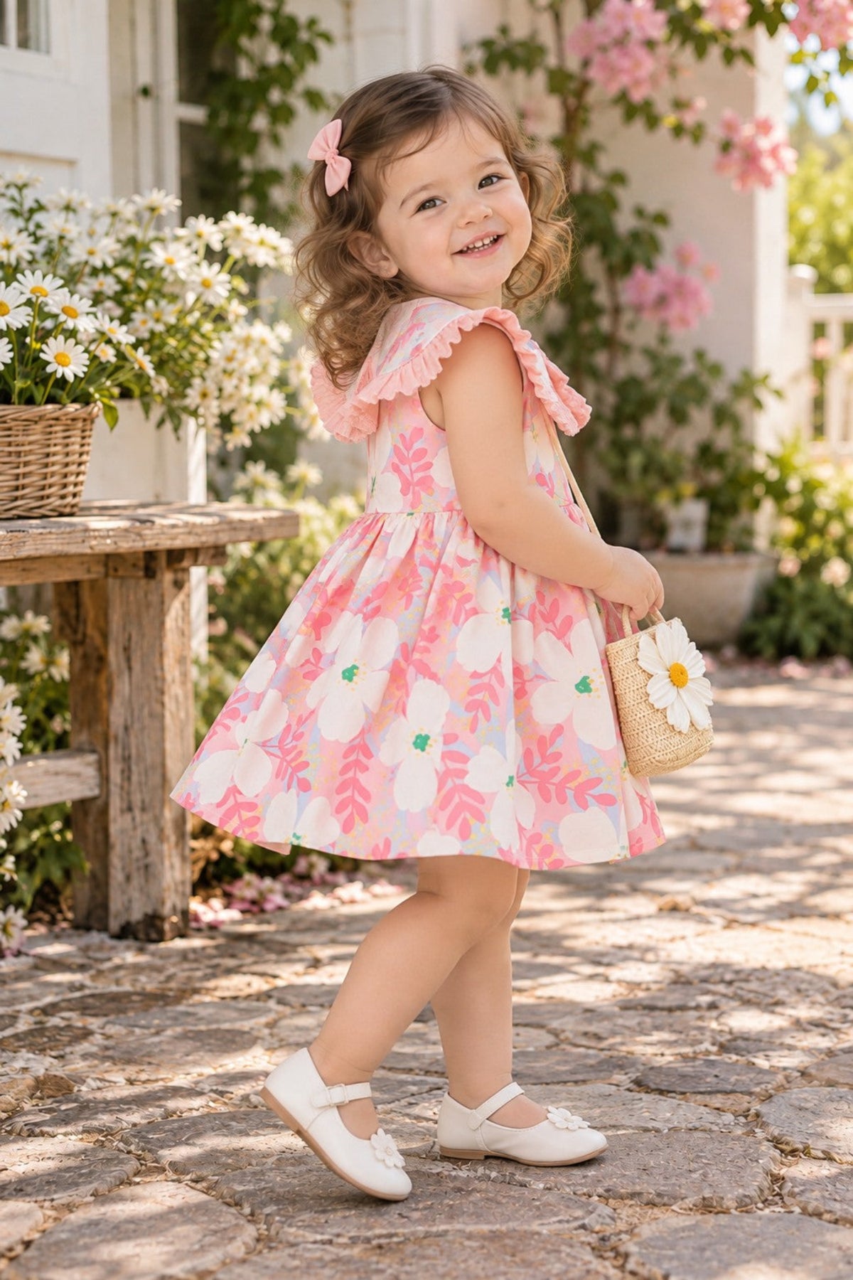 Toddler Girls Pink Floral Dress – Ruffle Collar Cotton Summer Dress with Princess Skirt