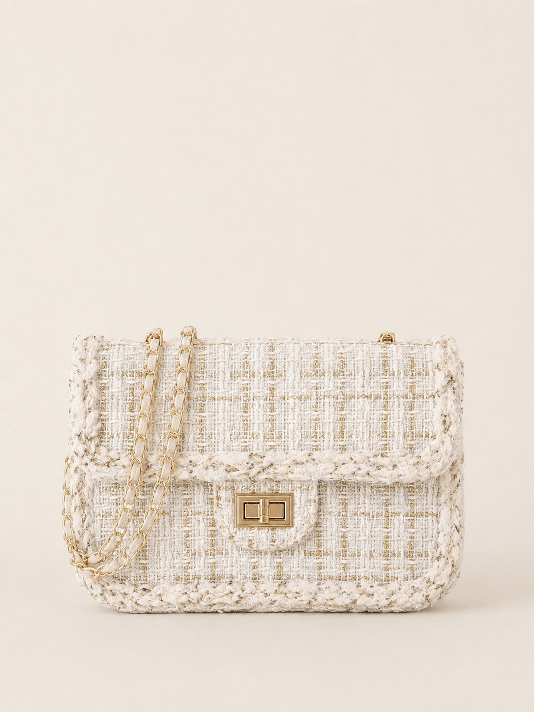Women's Tweed Flap Crossbody Bag with Gold Chain Strap - Chic Boutique Shoulder Purse