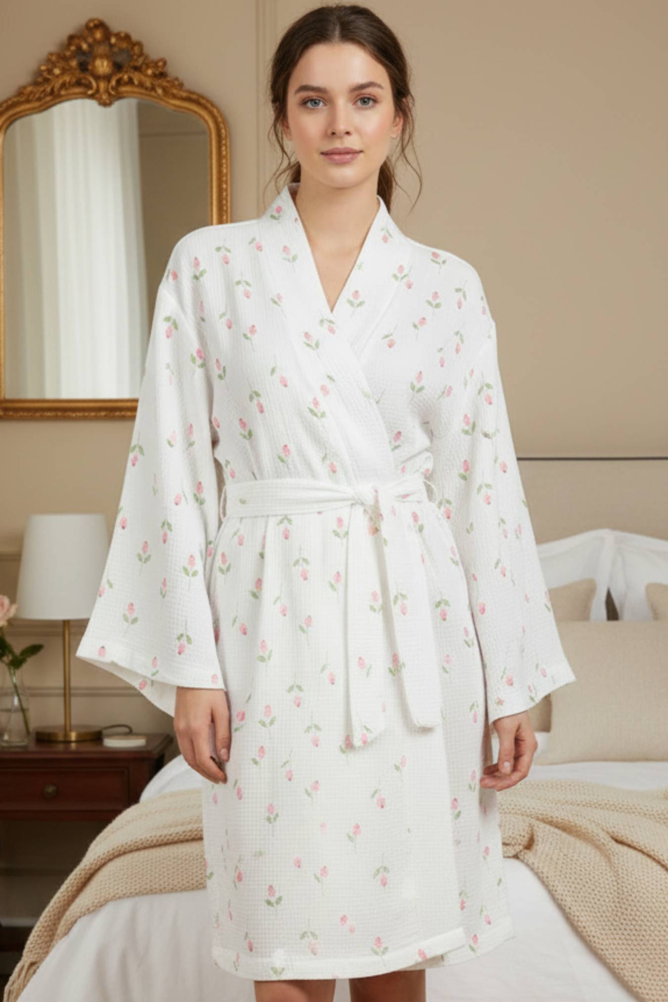 Woman wearing a white floral robe in a bedroom setting