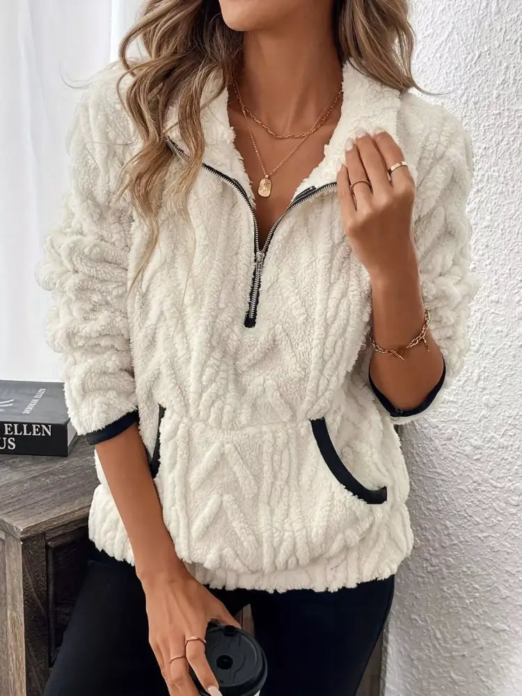 White Winter Half Zip Fleece Sweater Women