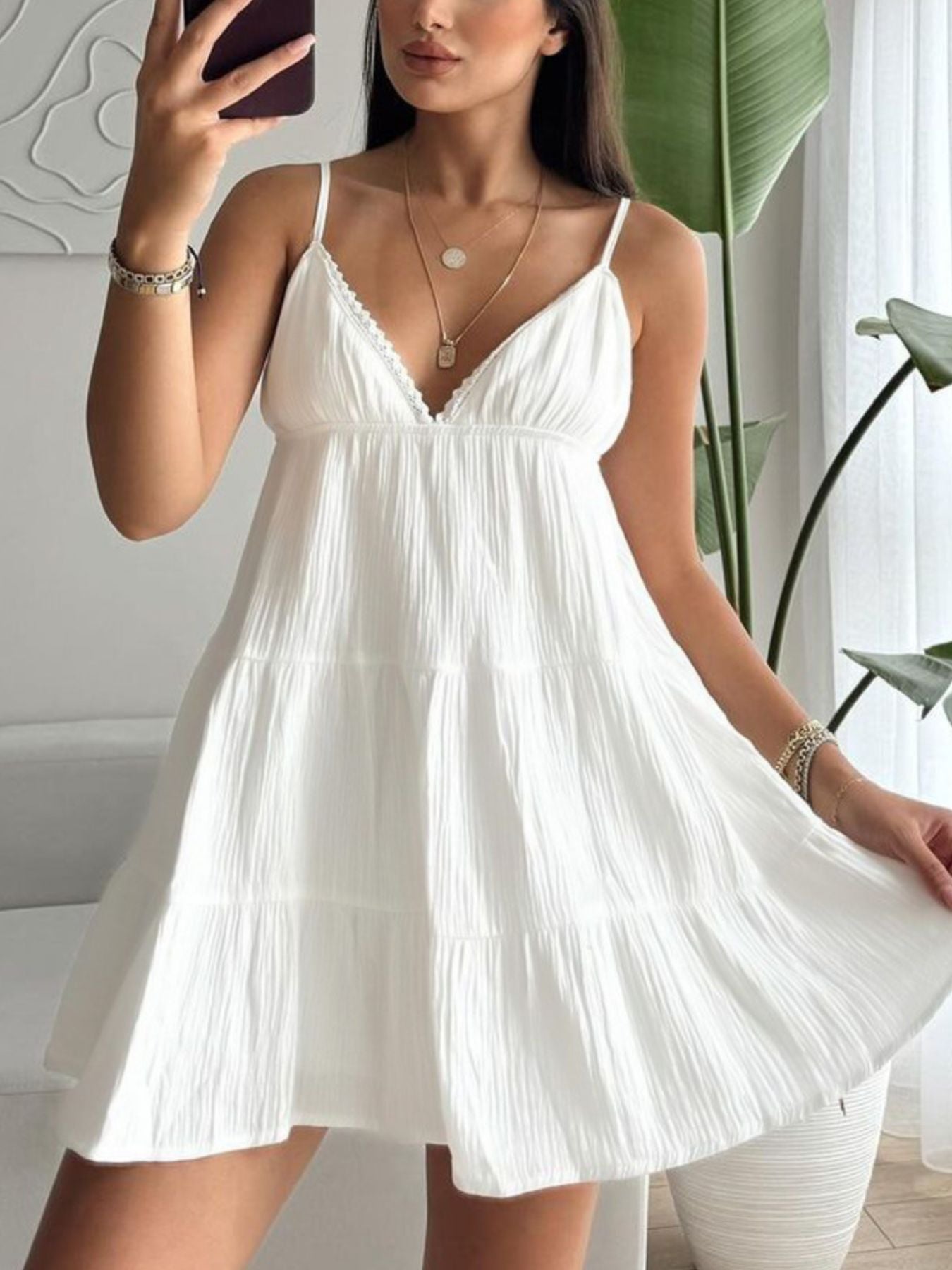 White Women’s V-Neck Tiered Mini Dress – Flowy Lightweight Summer Dress with Ruffle Detail