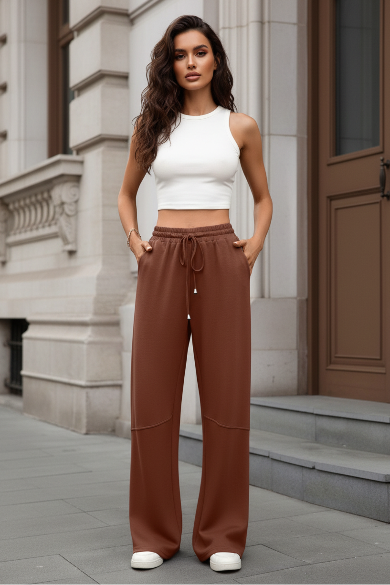 Woman wearing a white top and brown pants standing in front of a building.