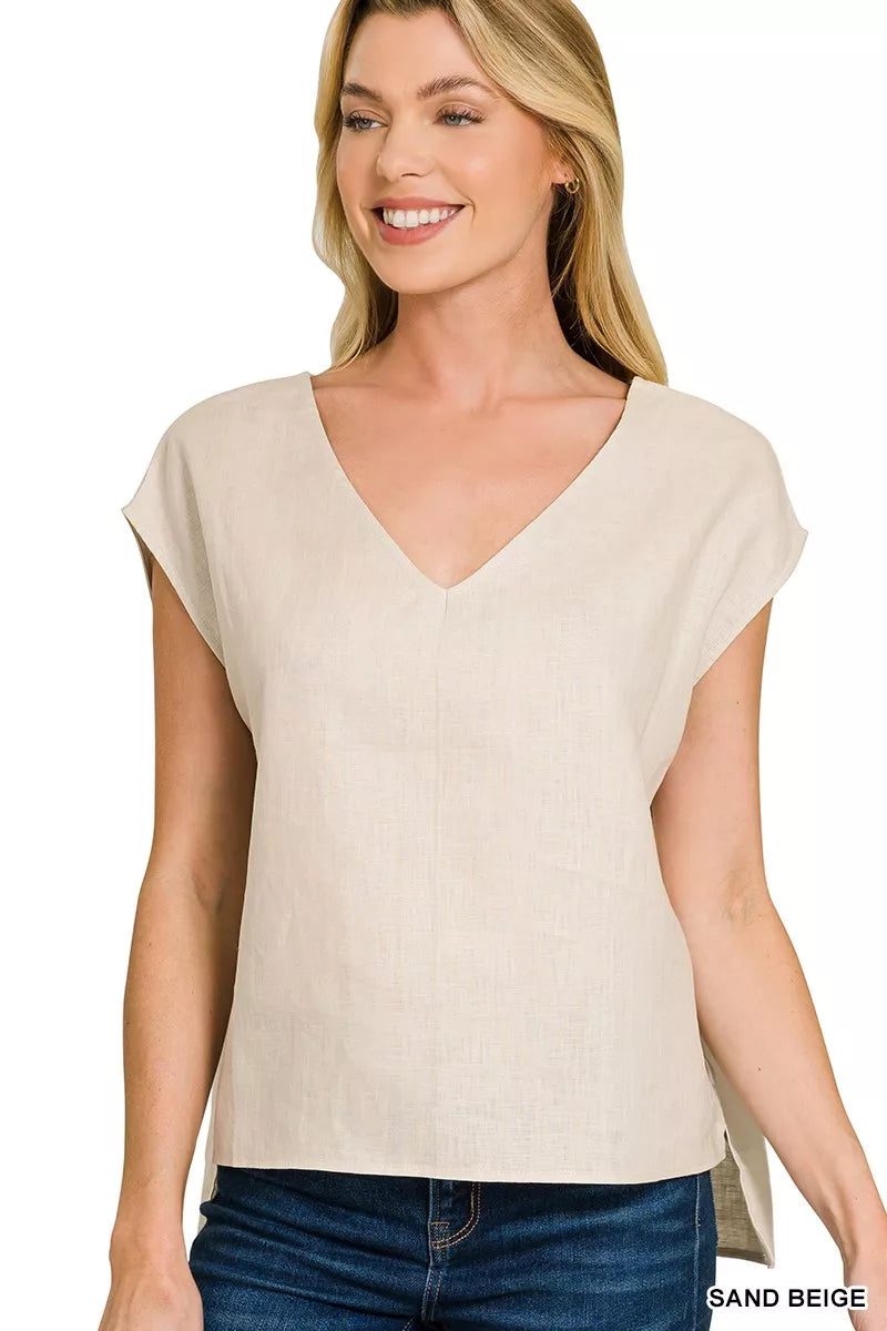 Women Beige V-Neck Cap Sleeve Blouse | JLouren