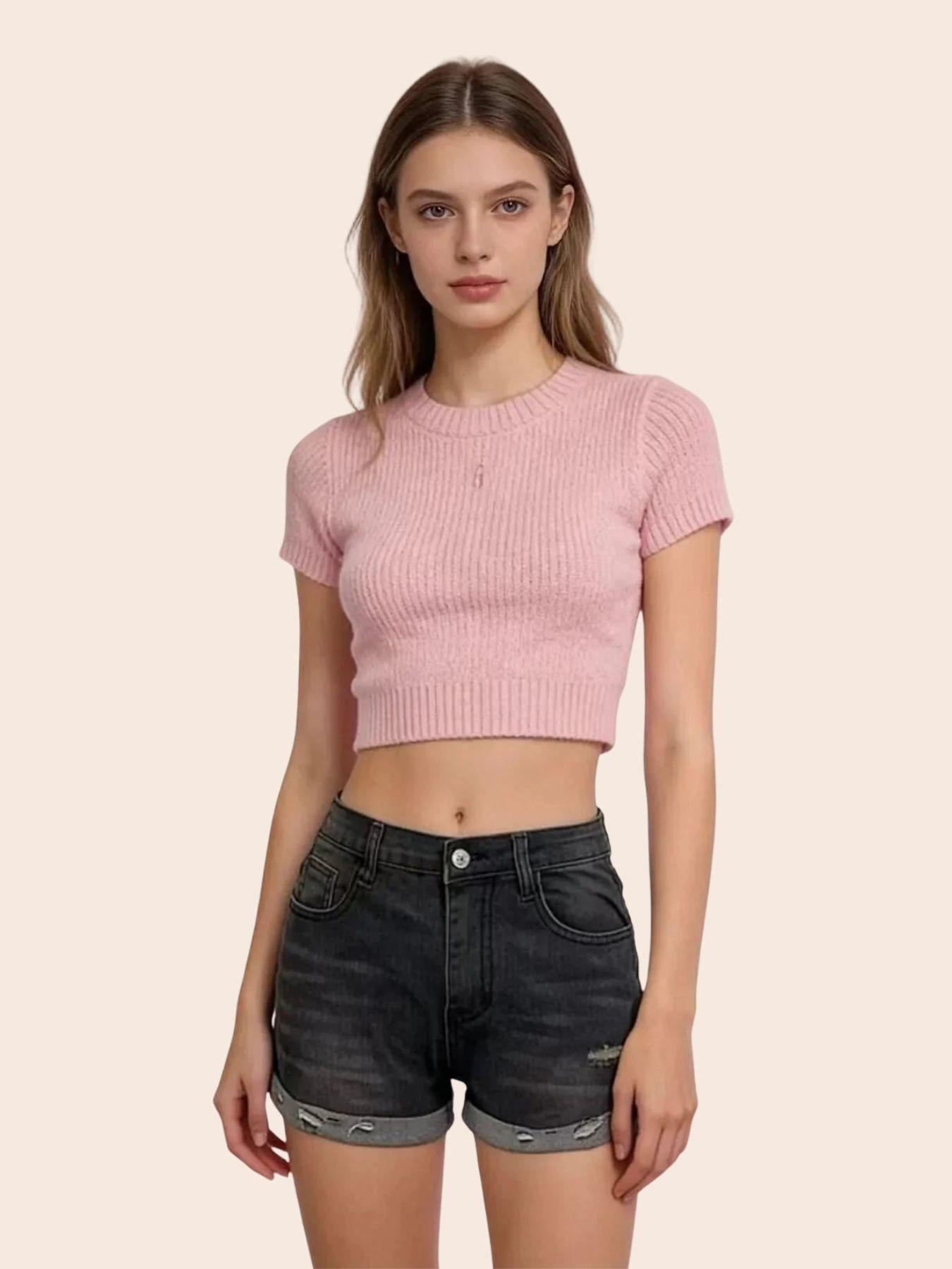 Short en jean retroussé pour femme, effet vieilli