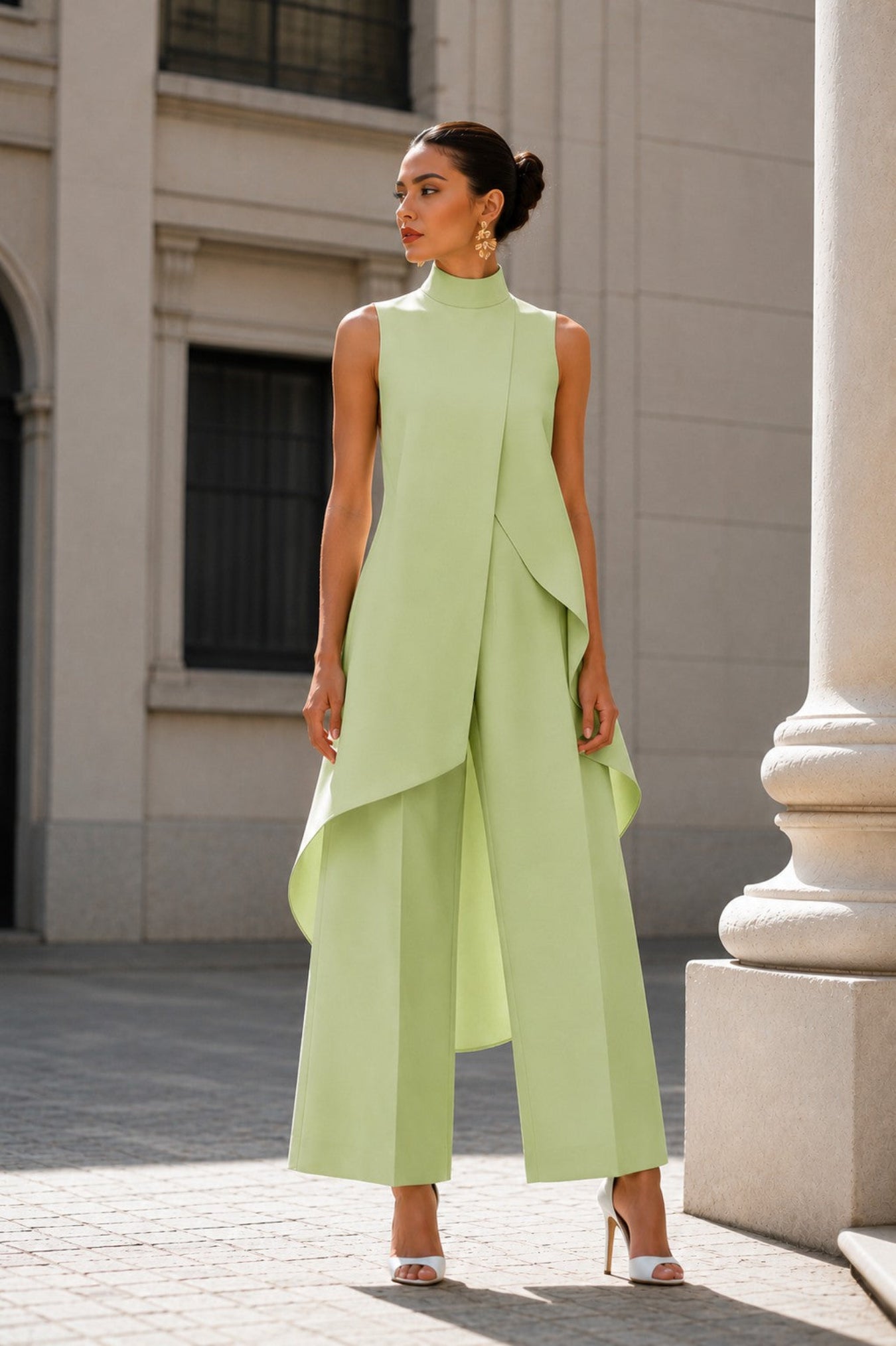 A woman models a light lime green sleeveless jumpsuit with a mock neck and draped asymmetrical overlay, paired with matching wide-leg trousers, in an outdoor urban setting.