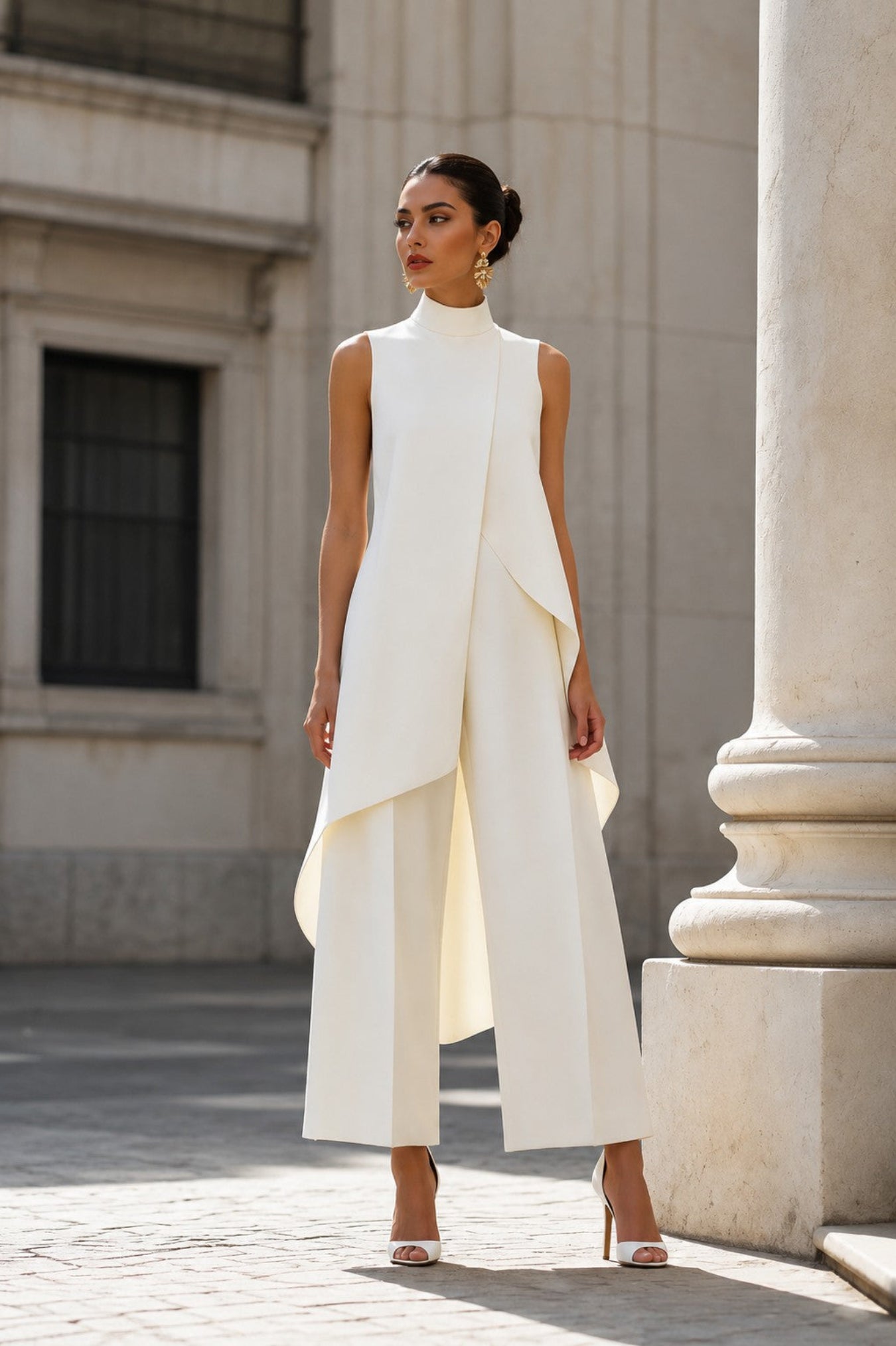A woman models a sleeveless, high-neck white jumpsuit with dramatic draped asymmetrical layers and wide-leg cropped pants, styled with white heeled sandals in an outdoor urban setting with a stone column.