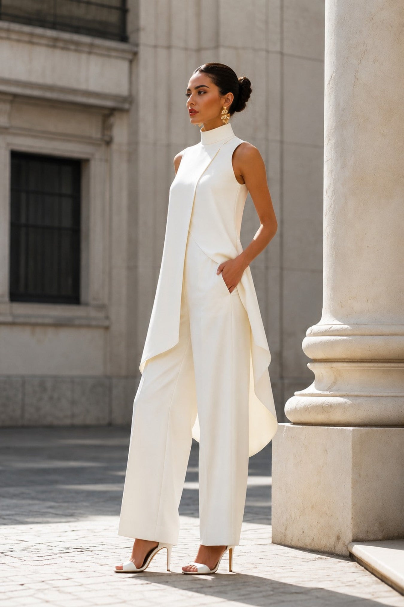 A woman models a white sleeveless high-neck jumpsuit with draped side panels and wide-leg trousers, styled with white heeled sandals, set against a classical stone building with a large column.