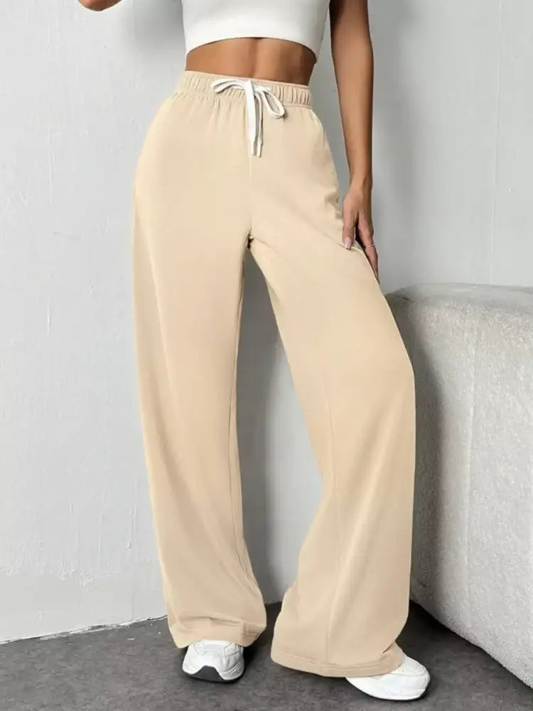 Women’s Beige High Waisted Wide Leg Lounge Pants with Drawstring
