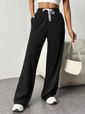 Women’s Black High Waisted Wide Leg Lounge Pants with Drawstring