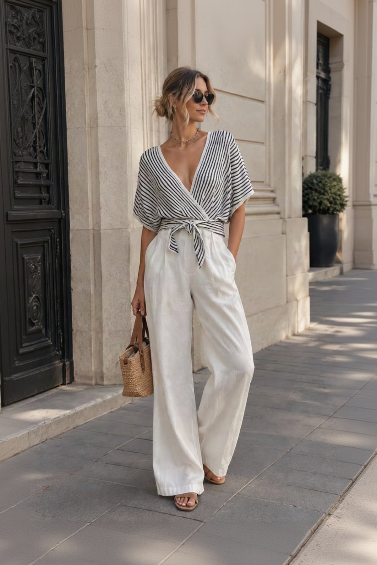 Women's Black & White Striped Wrap Front Cropped Top – Deep V-Neck Tie Waist Batwing Sleeve Slim-Fit Casual Shirt