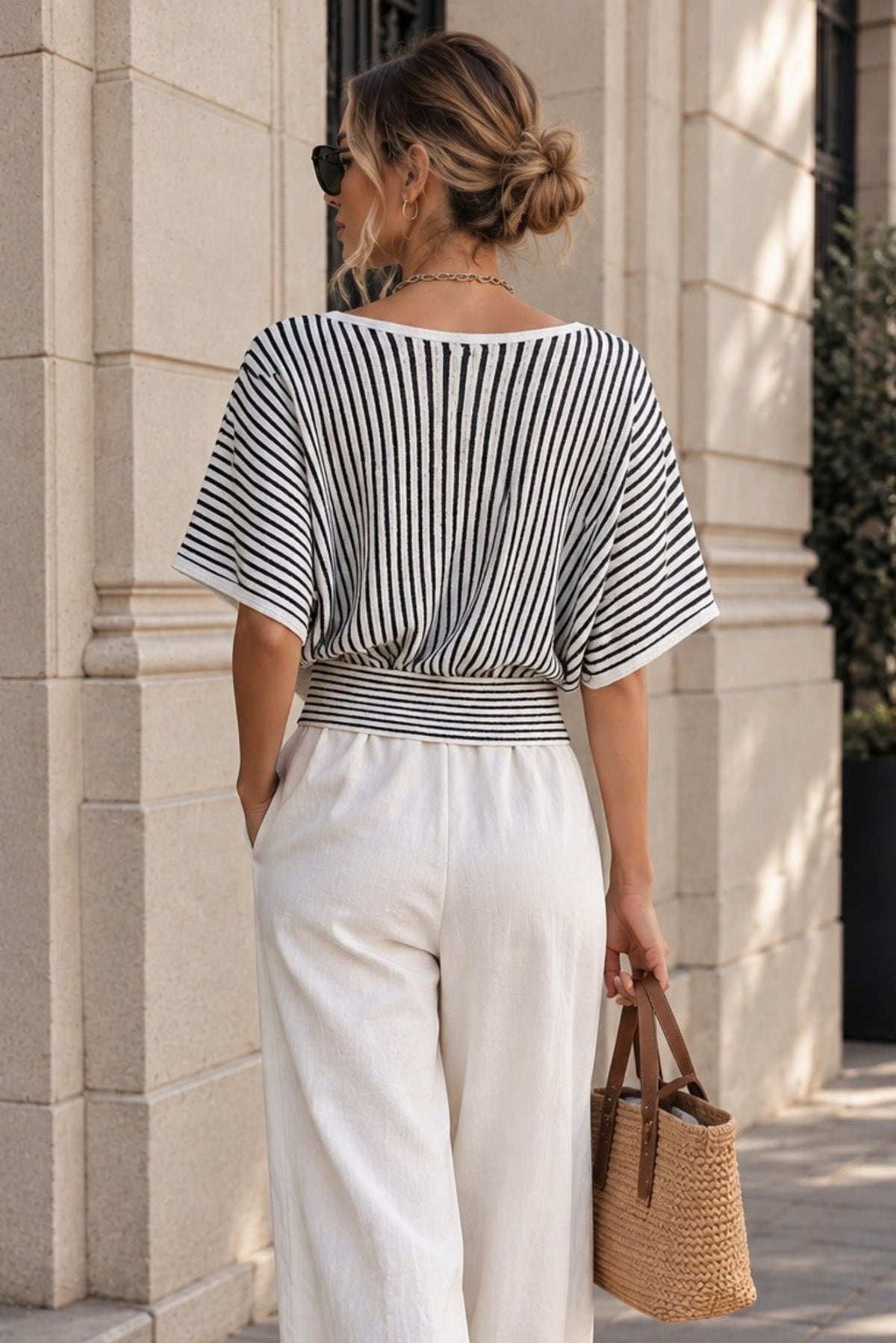 Women's Black & White Striped Wrap Front Cropped Top – Deep V-Neck Tie Waist Batwing Sleeve Slim-Fit Casual Shirt