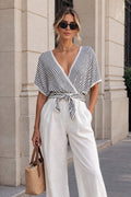 Women's Black & White Striped Wrap Front Cropped Top – Deep V-Neck Tie Waist Batwing Sleeve Slim-Fit Casual Shirt