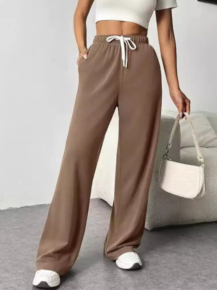 Women’s Brown High Waisted Wide Leg Lounge Pants with Drawstring