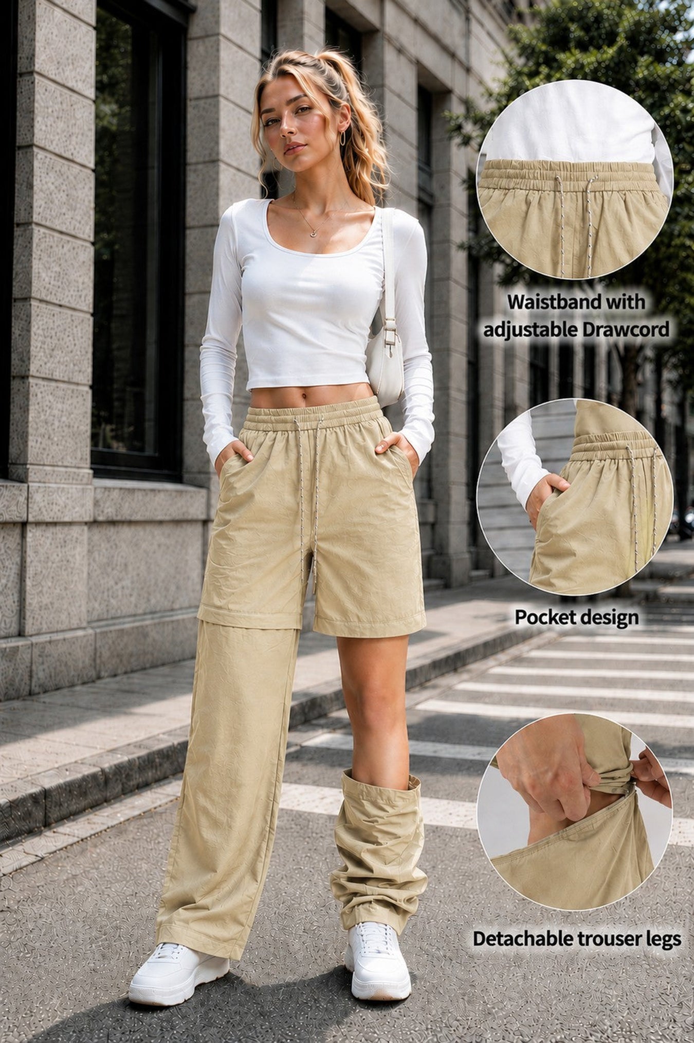 A woman stands outdoors on a city street wearing beige drawstring shorts with a white long-sleeve crop top and white sneakers. Three circular inset callouts highlight product details: an adjustable waistband, a side pocket, and detachable trouser legs.