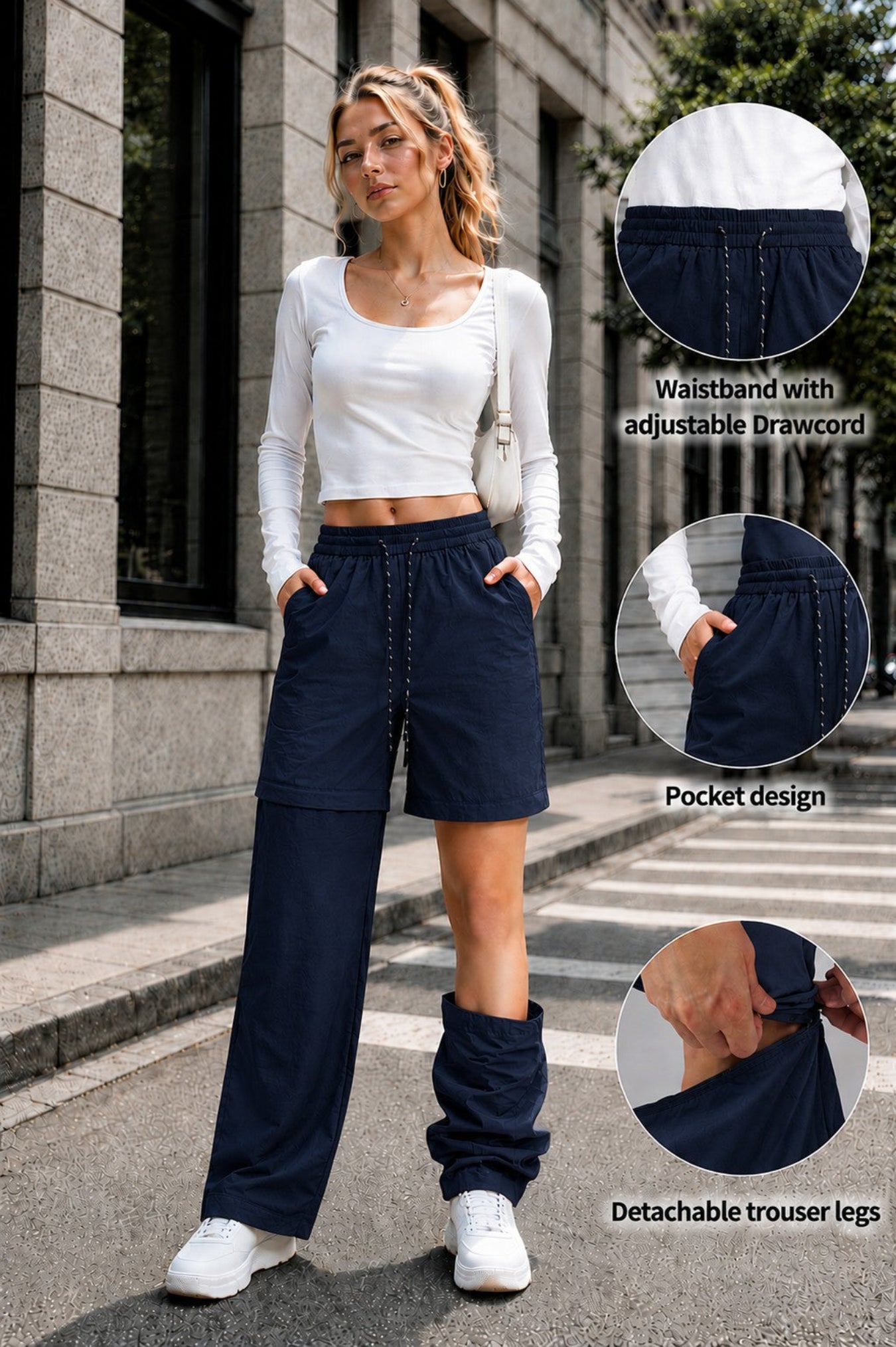 A woman stands on a city street wearing navy drawstring shorts with attached long pants and white sneakers. The image includes three circular inset close-ups showing product details: a waistband with an adjustable drawcord, a side pocket, and detachable trouser legs.