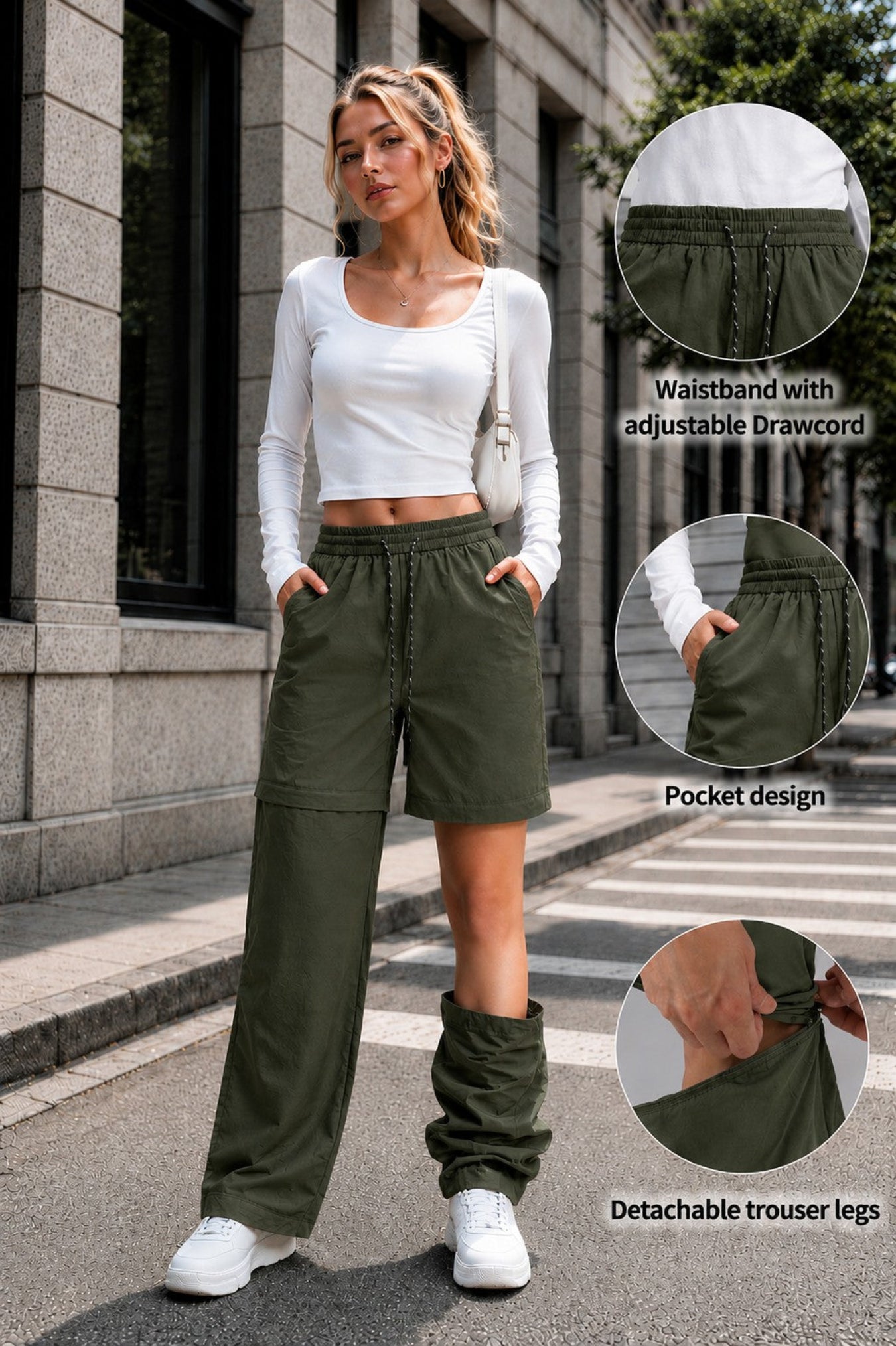A woman stands on a city street wearing olive green drawstring shorts with attached detachable leg warmers and a white long-sleeve crop top. Three circular inset callouts highlight product details: an adjustable waistband, a side pocket, and the detachable leg sections.