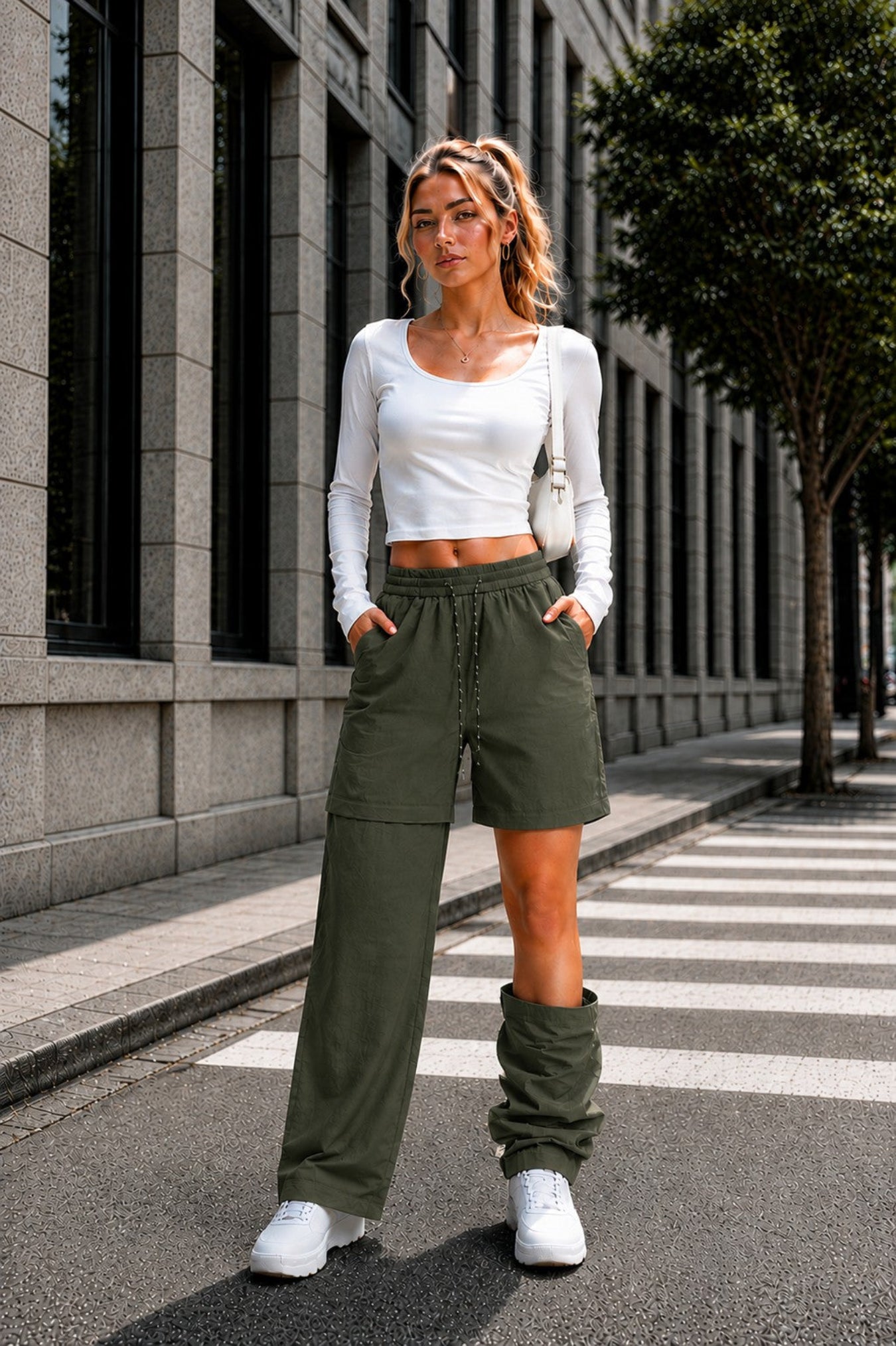 A woman stands on a city street crosswalk wearing a white long-sleeve crop top and olive green wide-leg shorts with matching green leg warmers, white sneakers, and a white shoulder bag.