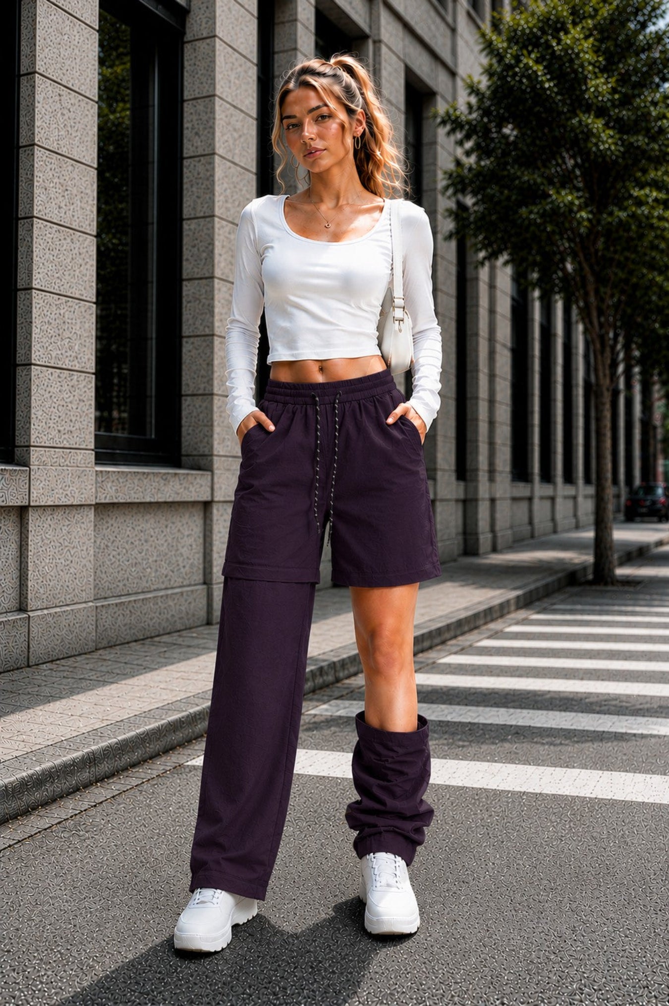A woman stands on a city street wearing a white long-sleeve crop top, dark purple wide-leg shorts with a drawstring waist, matching leg warmers, and white sneakers.