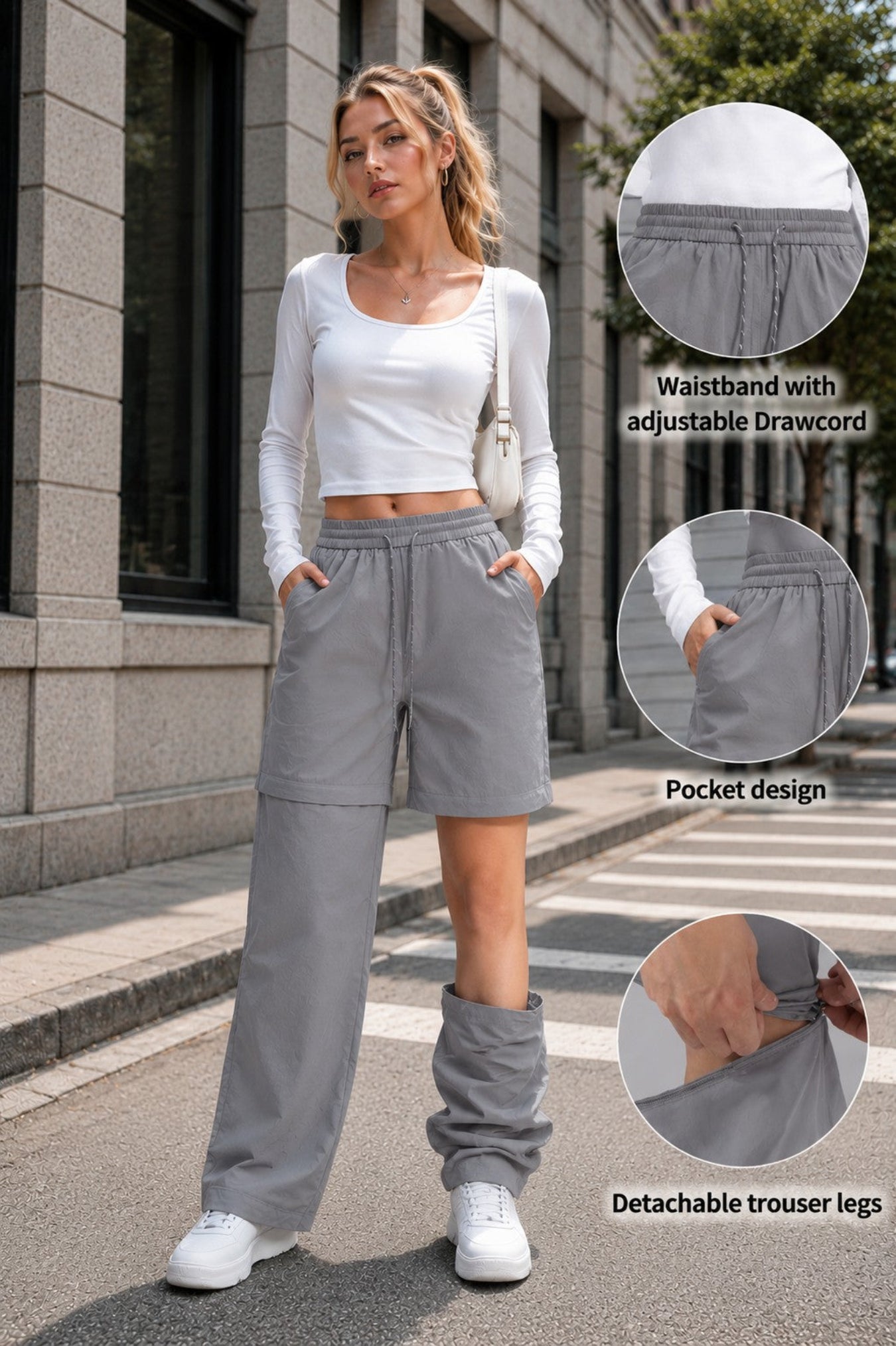 A woman stands on a city sidewalk wearing light gray drawstring shorts with a white long-sleeve crop top and white sneakers. Three circular inset callouts highlight product features: an adjustable waistband, a side pocket, and detachable trouser legs.