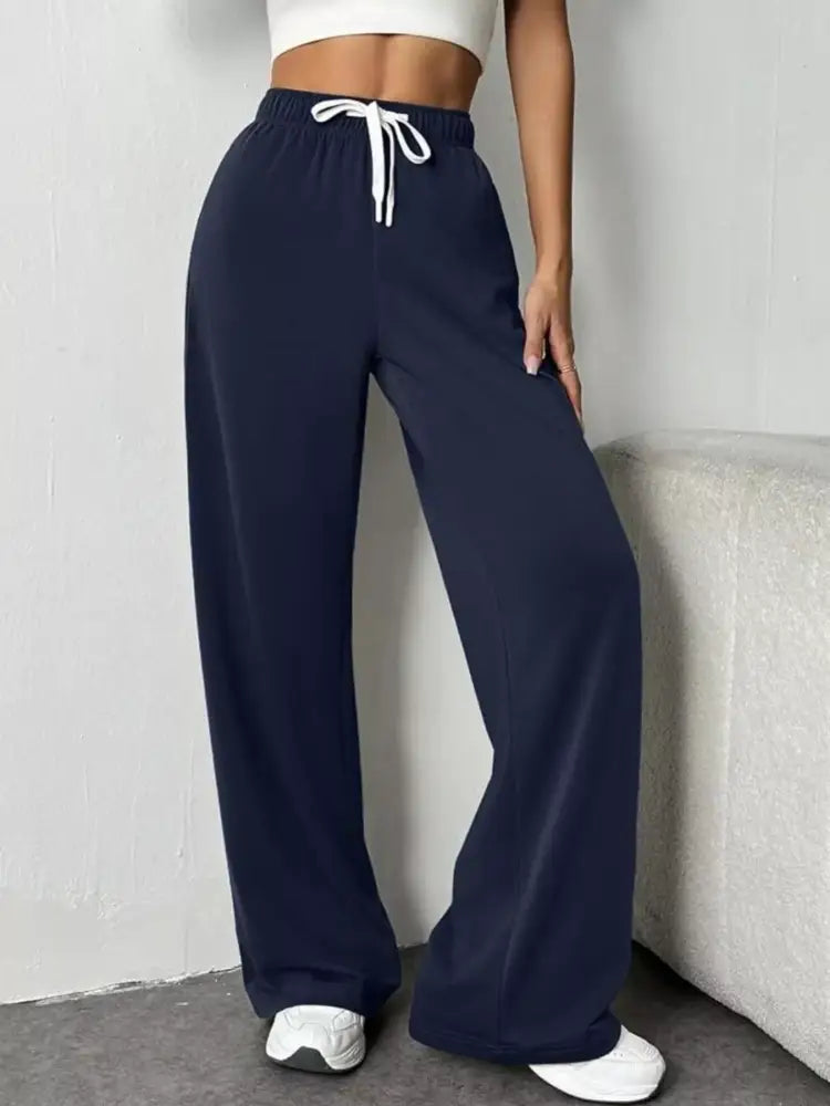 Women’s Dark Blue High Waisted Wide Leg Lounge Pants with Drawstring