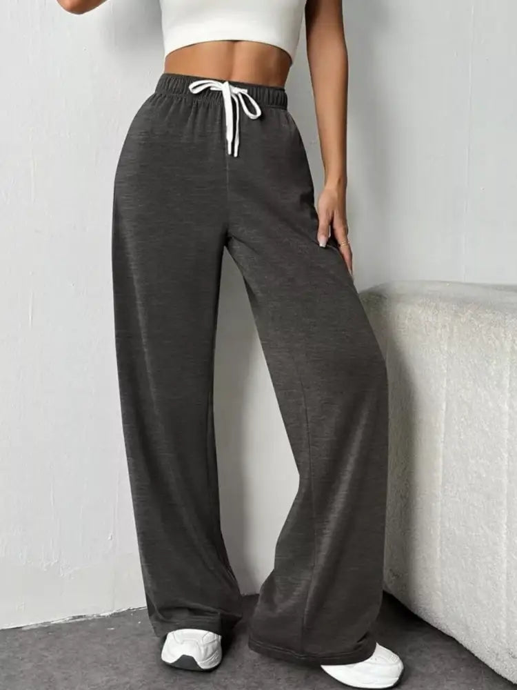 Women’s Dark Gray High Waisted Wide Leg Lounge Pants with Drawstring