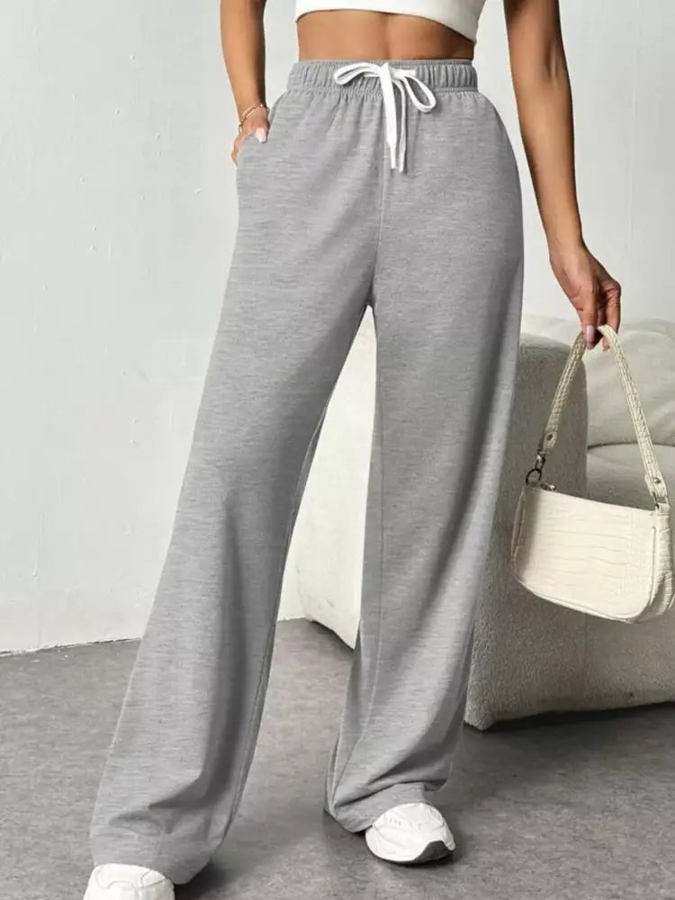 Women’s Gray High Waisted Wide Leg Lounge Pants with Drawstring