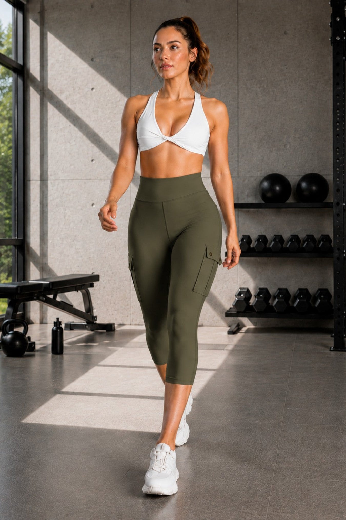 A woman walks through a gym wearing an olive green high-waisted cargo capri leggings set with a matching white sports bra and white sneakers.
