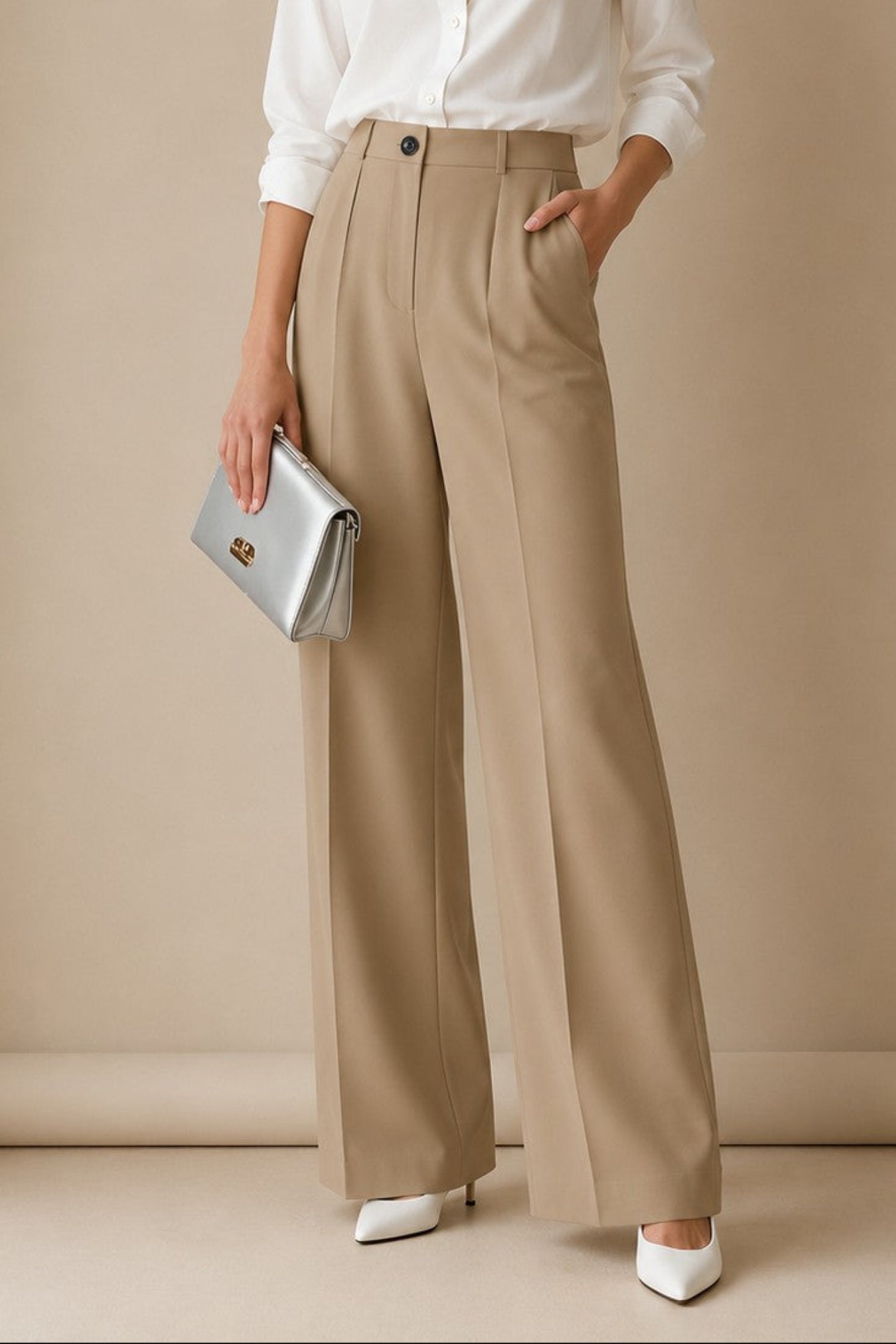 A woman stands in a studio wearing a white button-up blouse, high-waisted beige wide-leg trousers, white pointed shoes, and holding a metallic silver clutch.