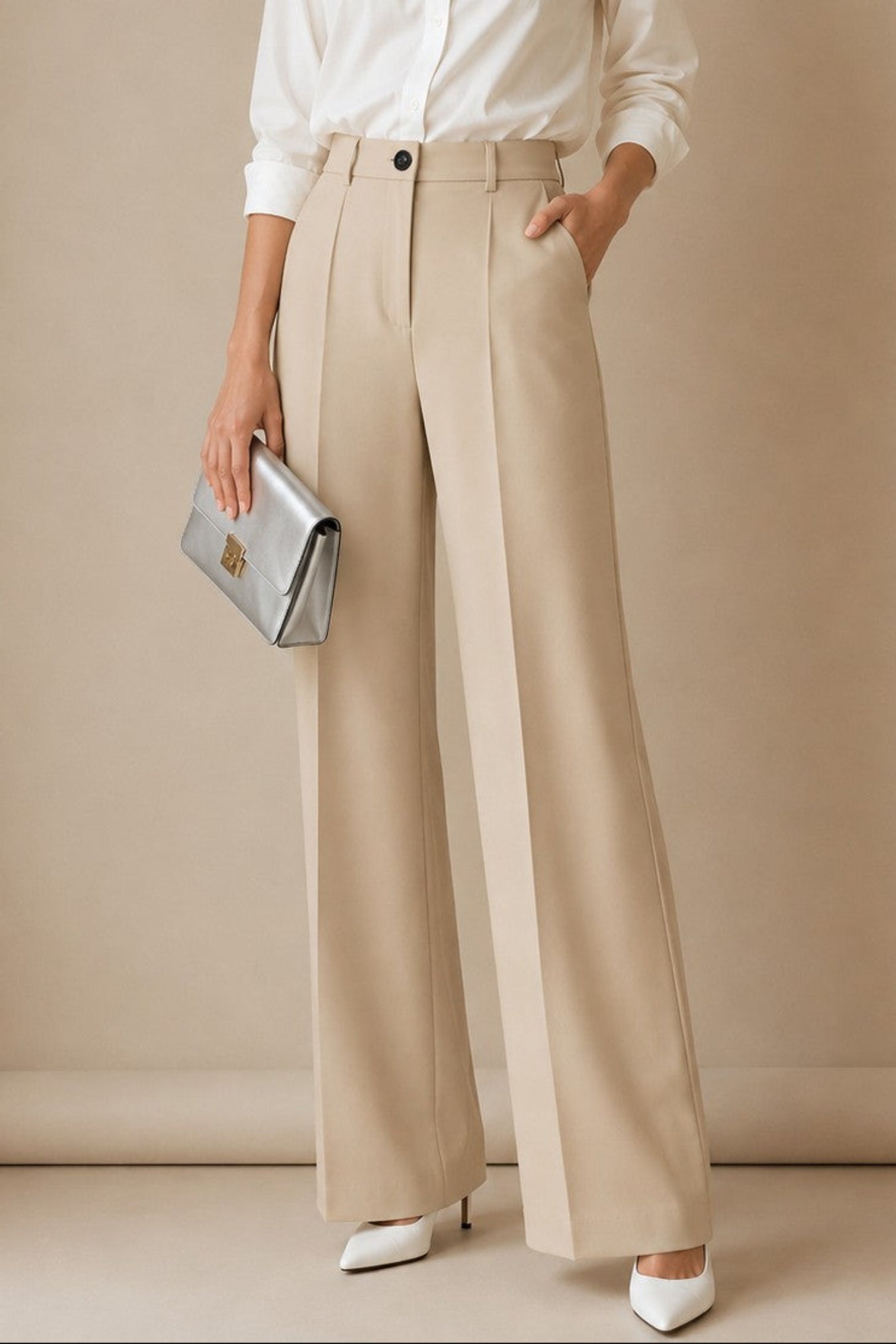 A woman stands against a warm beige studio backdrop wearing a white button-up shirt, high-waisted beige wide-leg trousers, white pointed heels, and holding a metallic silver clutch.