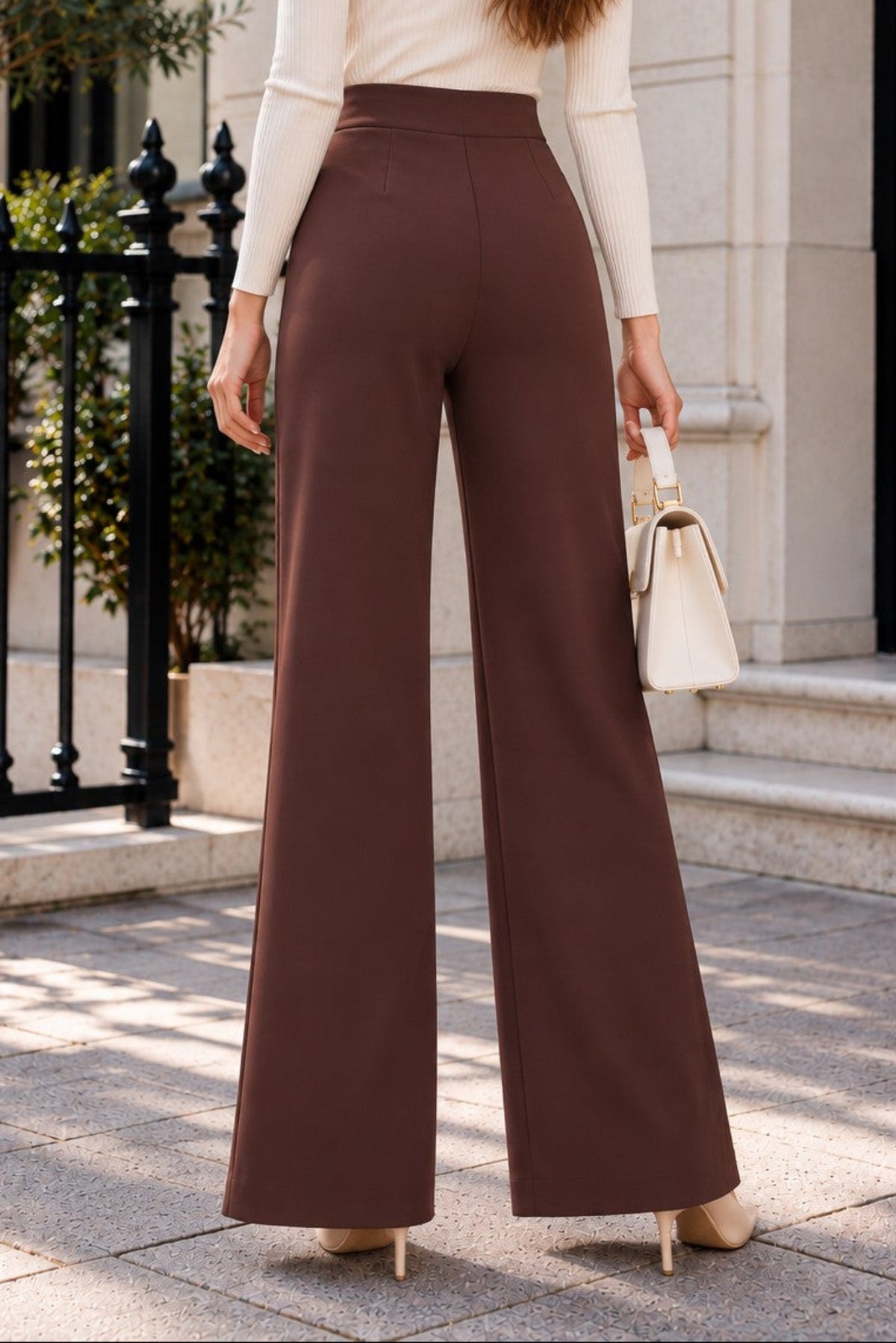 Women's High-Waisted Wide-Leg Pants with Gold Button Detail