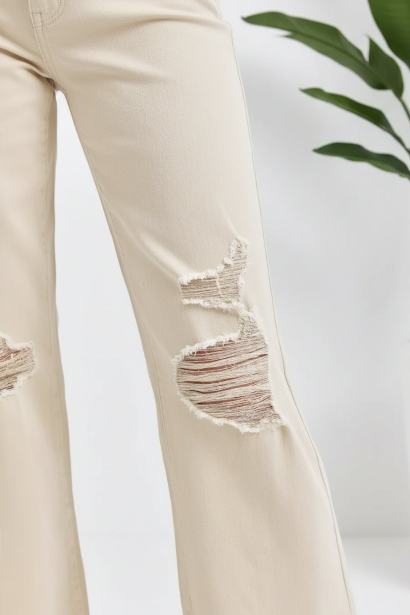 Close-up of beige distressed jeans with ripped knee details showing frayed lining, photographed against a light background with a green plant leaf in the corner.