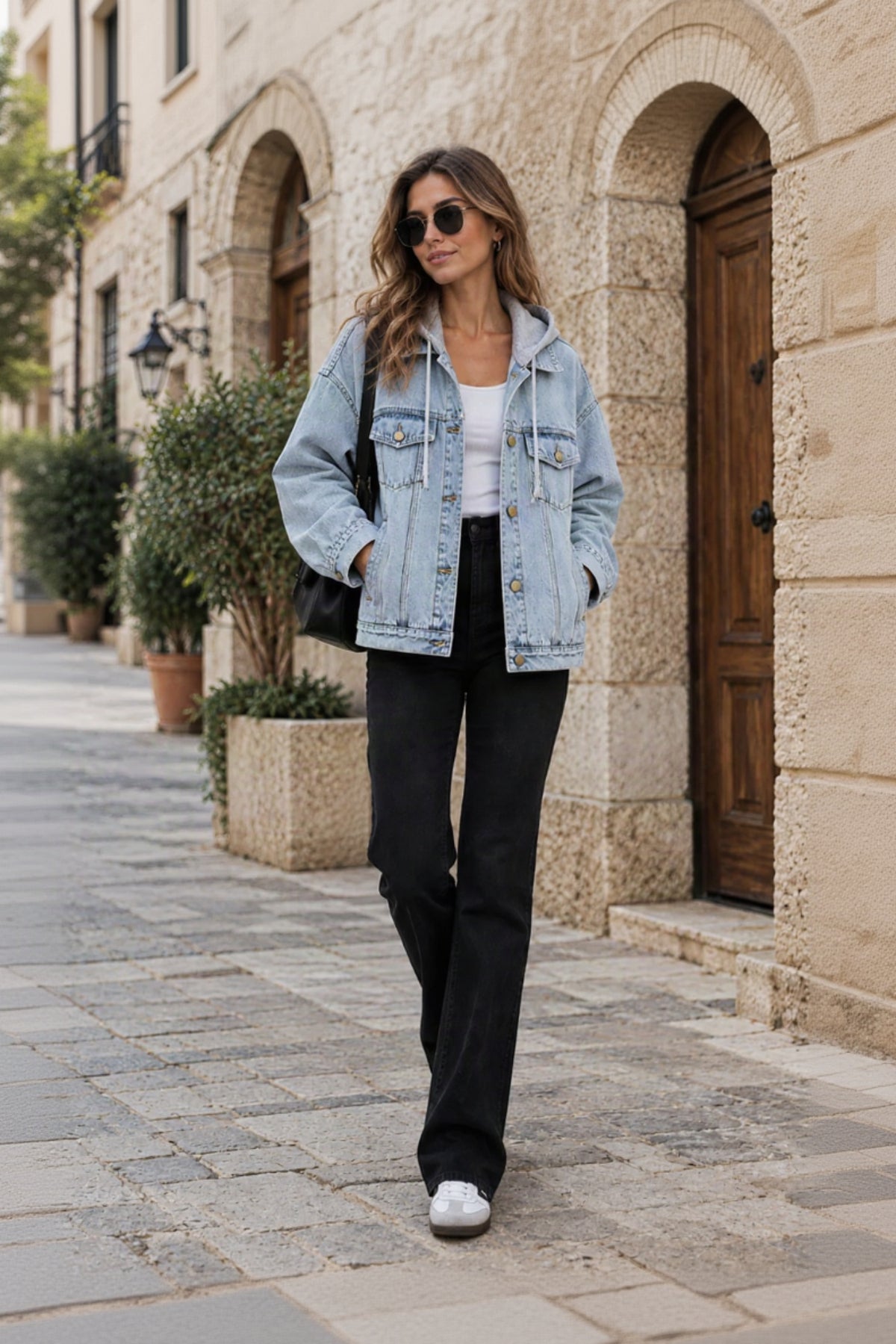 A woman walking on a stone street wearing a light-wash blue denim jacket over a white top, black pants, and white sneakers.