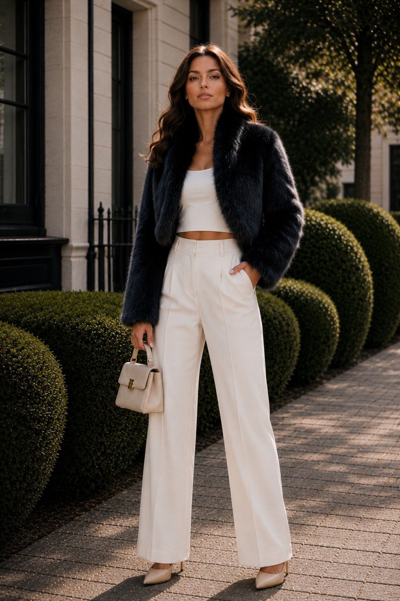A woman stands outdoors on a paved walkway in front of a building and trimmed hedges, wearing a dark navy faux-fur jacket over a white crop top and white wide-leg trousers, with beige heels and a small beige handbag.
