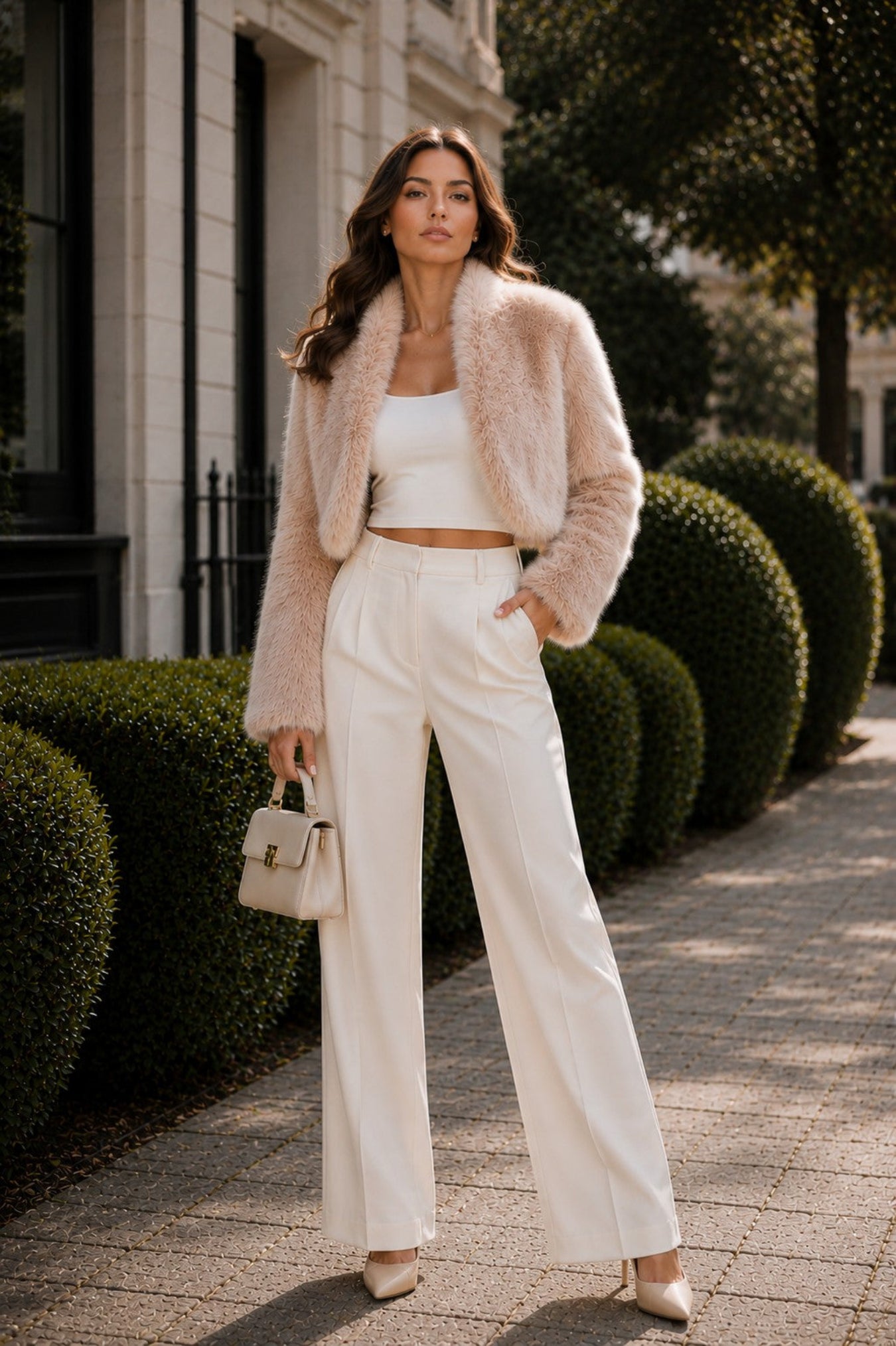 A woman stands on a paved walkway outdoors wearing a light blush pink fuzzy cropped jacket over a white ribbed crop top and white wide-leg trousers, holding a small beige handbag.