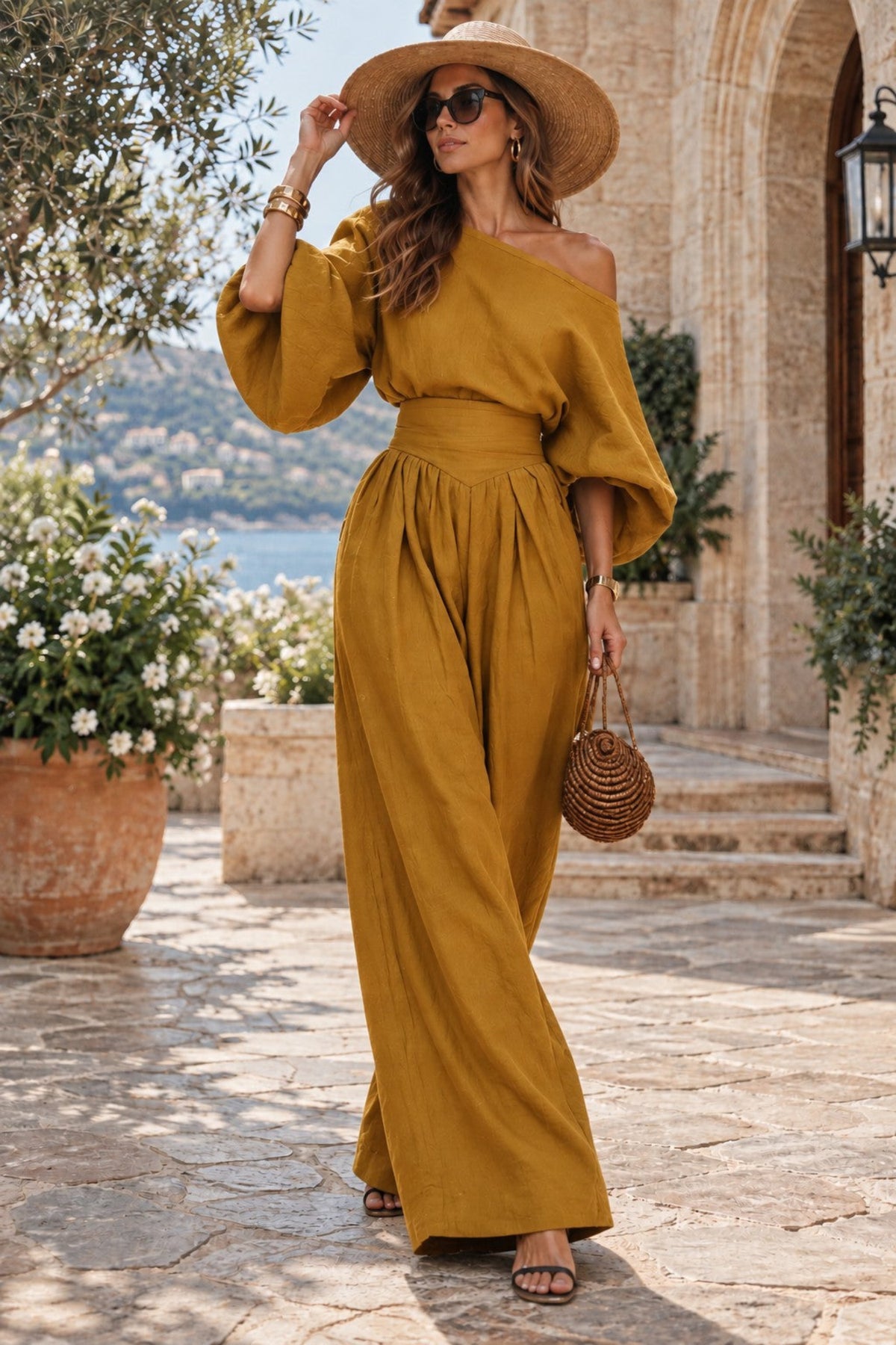 A woman stands outdoors on a stone walkway wearing a mustard yellow off-the-shoulder wide-leg jumpsuit, a wide-brim straw hat, sunglasses, and carrying a woven round bag.