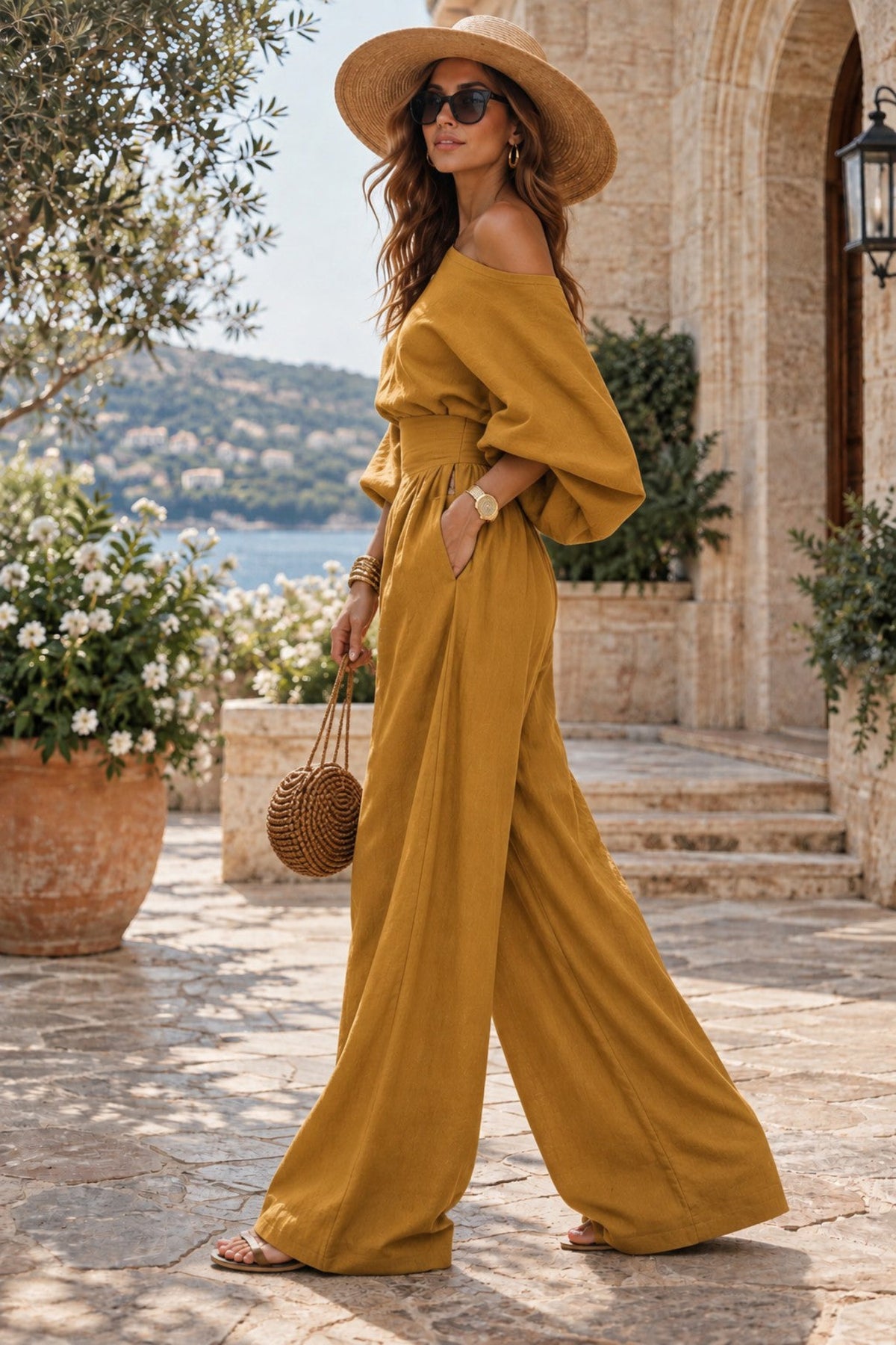 A woman wearing a mustard yellow off-the-shoulder jumpsuit with wide legs, a straw hat, and sunglasses, walking outdoors on a stone path near a building with a sea view in the background.