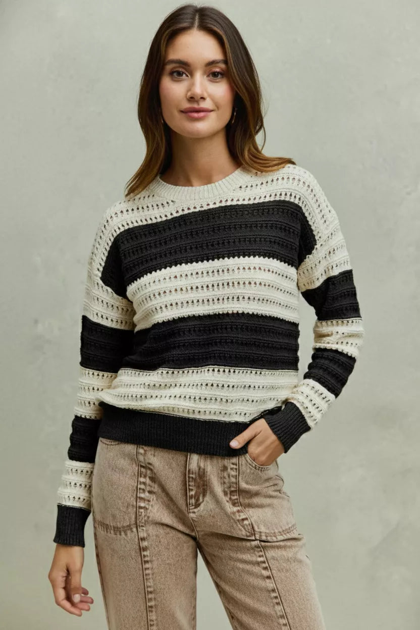 Women’s Openwork Round Neck Striped Textured Knit Sweater | JLouren