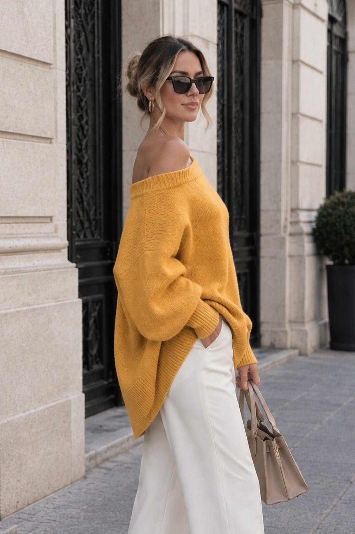 Women's Oversized Off-Shoulder Knit Sweater – Relaxed Batwing Sleeve Pullover with Ribbed Trim