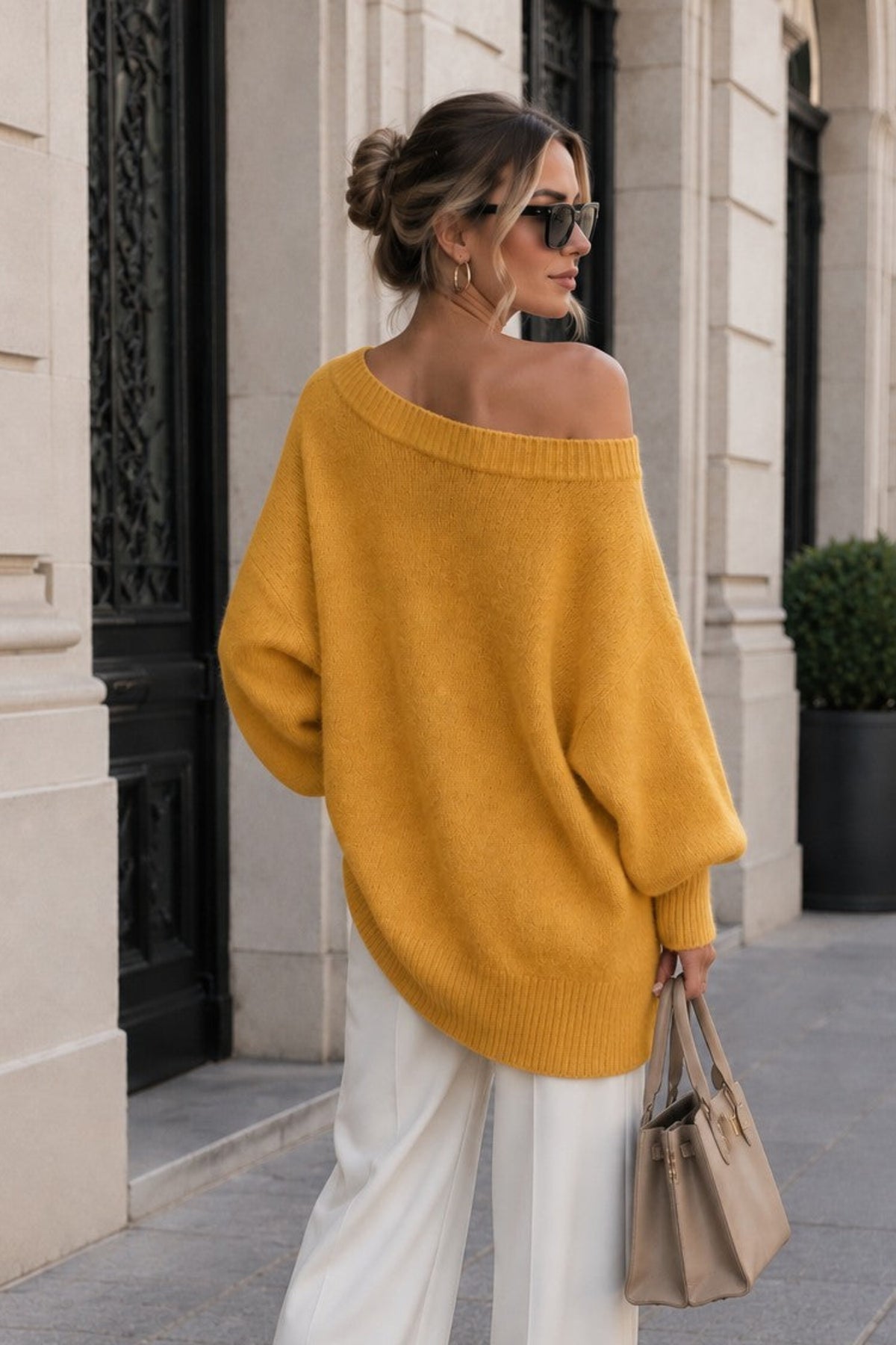 Women's Oversized Off-Shoulder Knit Sweater – Relaxed Batwing Sleeve Pullover with Ribbed Trim
