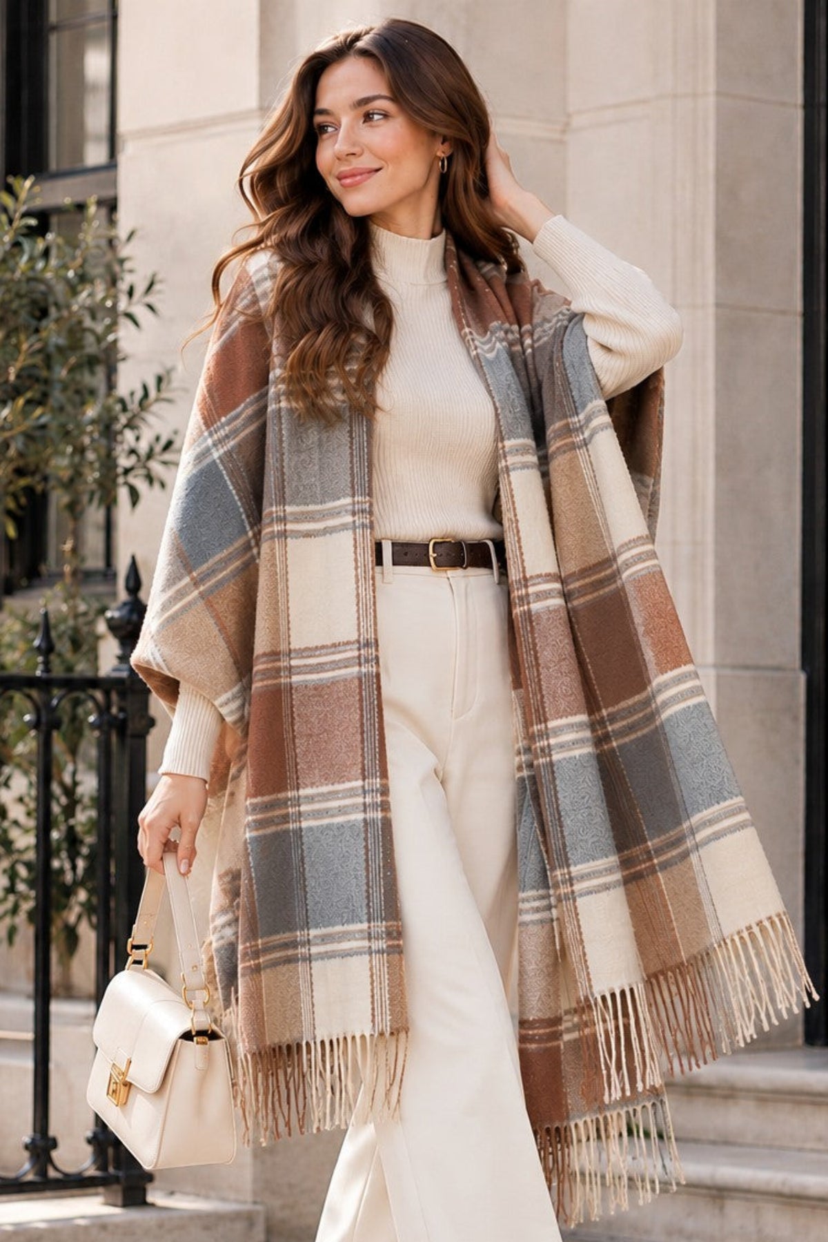 Women's Plaid Faux Cashmere Scarf – Soft Checkered Winter Wrap with Tassels