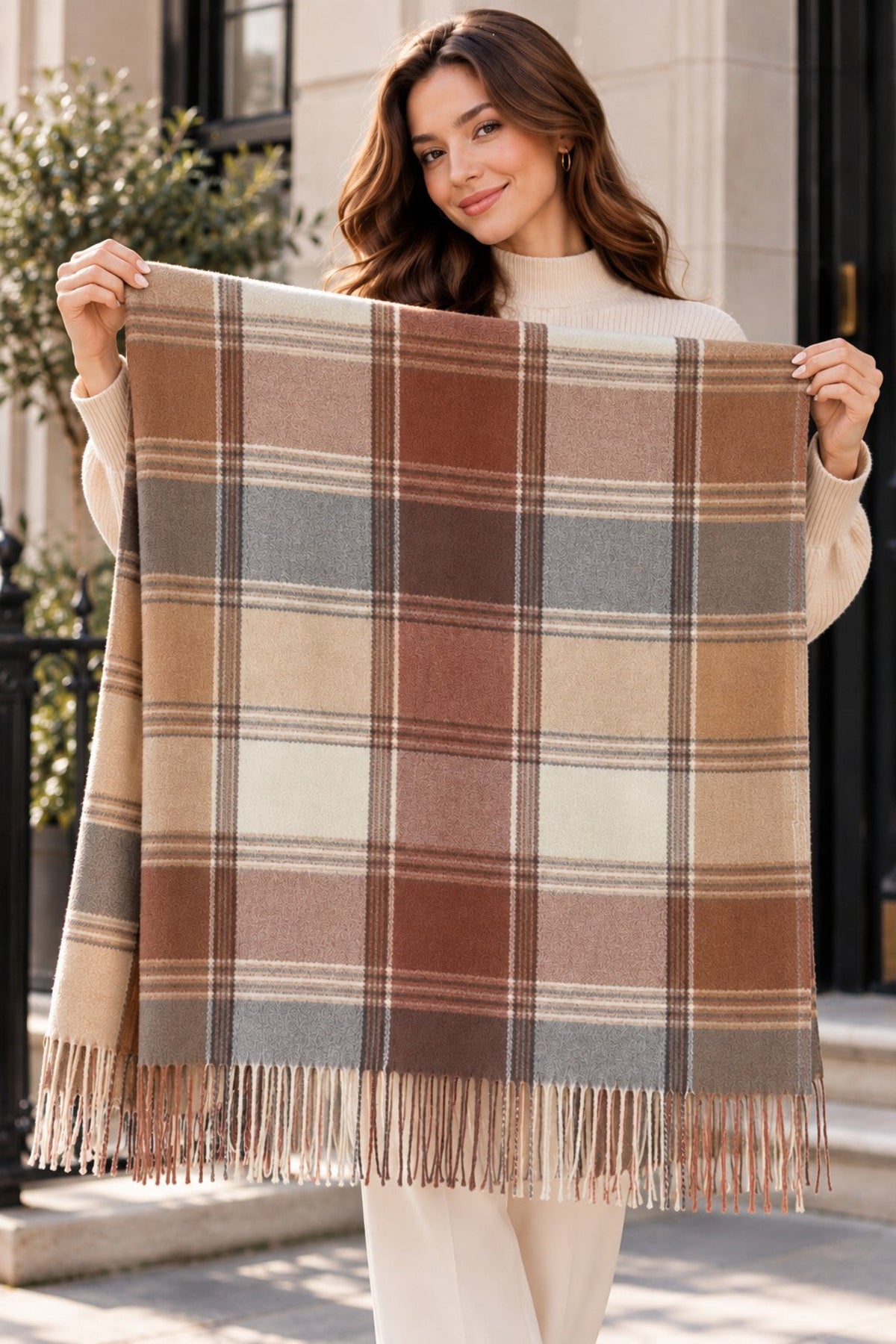 Women's Plaid Faux Cashmere Scarf – Soft Checkered Winter Wrap with Tassels