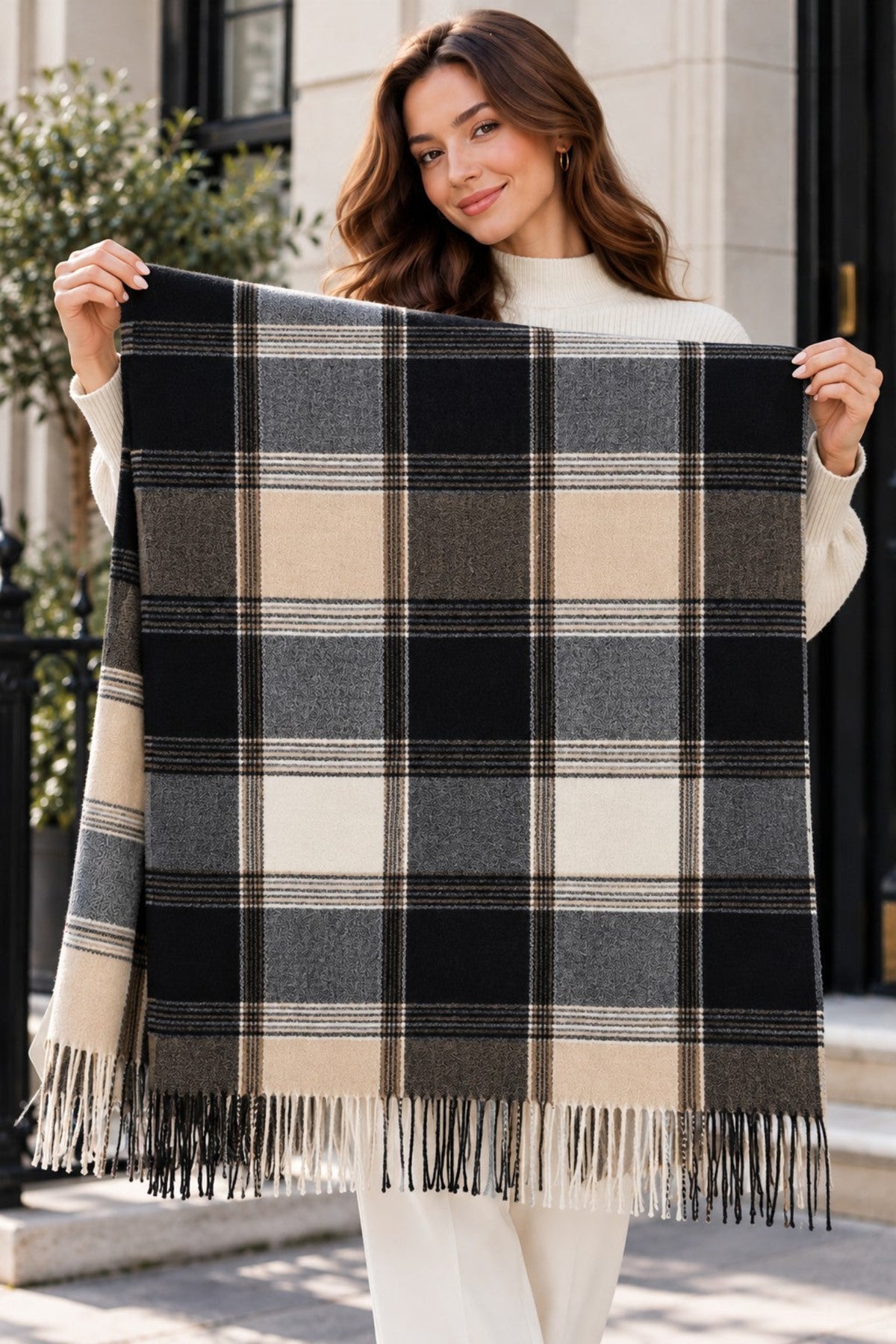 Women's Plaid Faux Cashmere Scarf – Soft Checkered Winter Wrap with Tassels